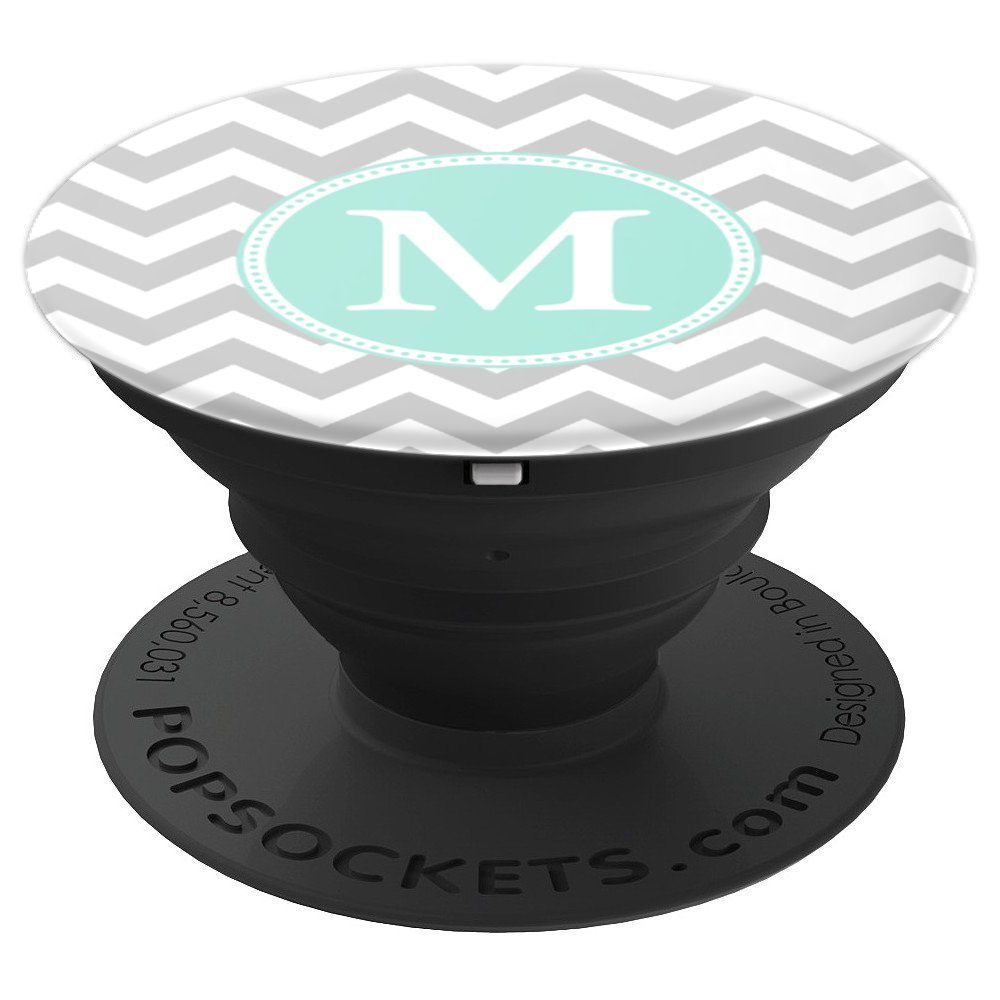 Letter M Monogram - Grey Chevron & Pastel Mint Gray Zig zag PopSockets PopGrip: Swappable Grip for Phones & Tablets