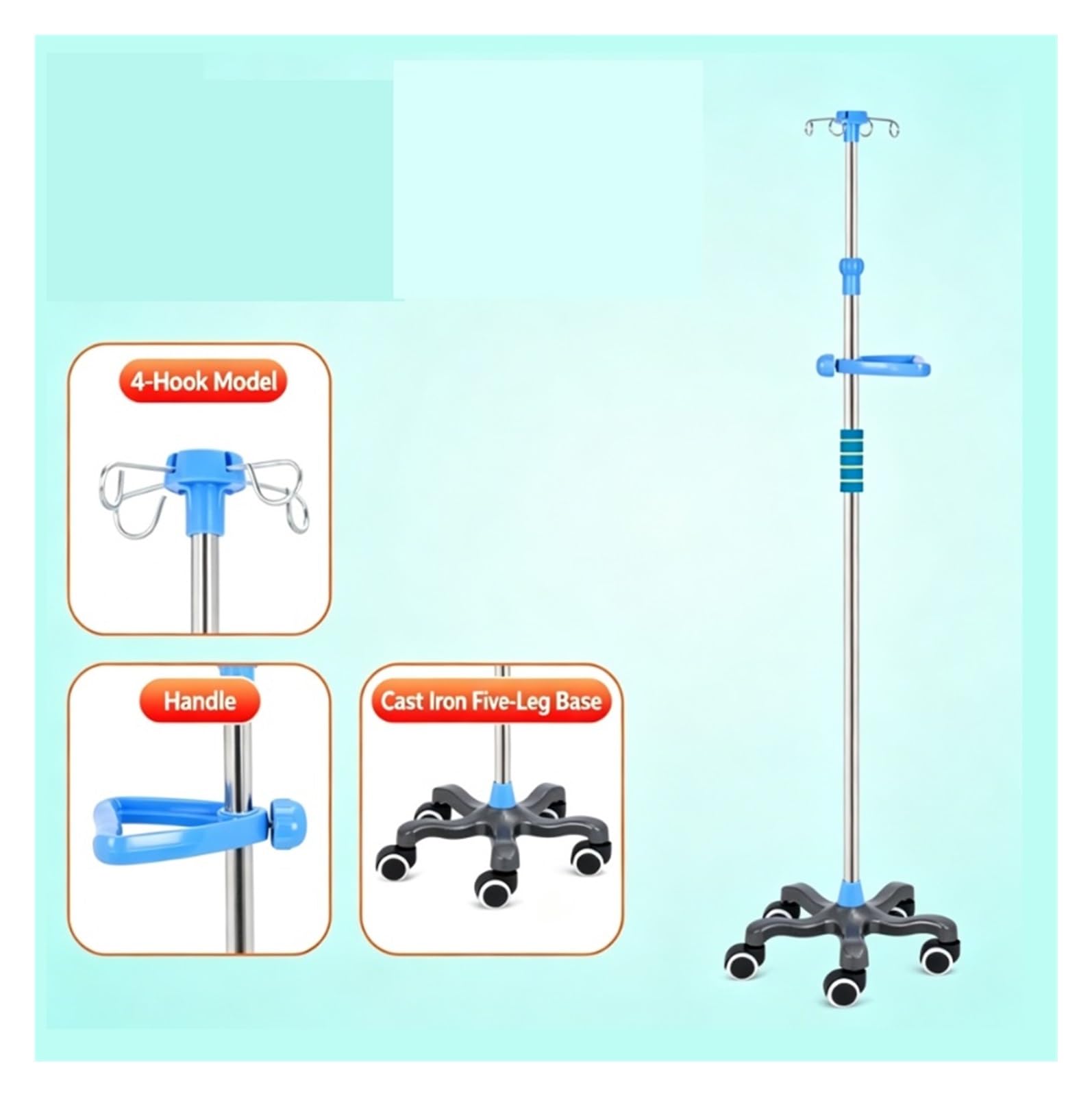 Poste de soporte intravenoso portátil con asa rodante IV portabotellas | Poste con Ruedas Regulable en Altura, for Atención Clínica en el Hogar