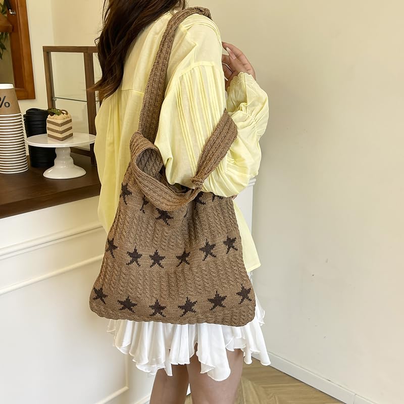 Boho Woven Tote Bag for Women with Start, Crochet Summer Purse, Stylish Knitted Beach Shoulder Bag, Casual Travel Tote Bag Purse3