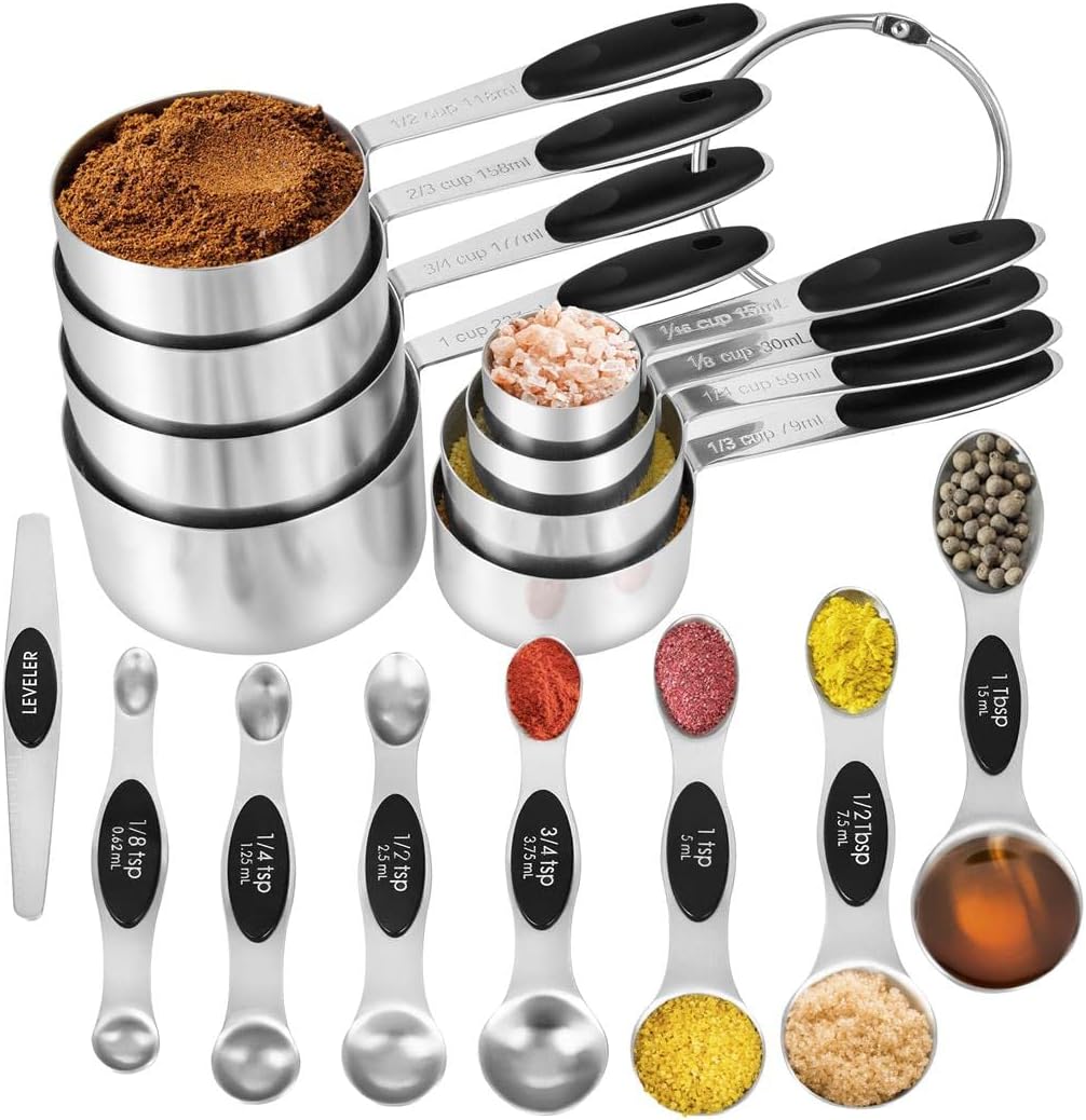 KELOFKO 16 Pieces Measuring Cups and Magnetic Measuring Spoons Set Stainless Steel,8 Measure Cups with Silicone Handle and 7 Double Sided Magnetic Measure Spoons & 1 Leveler