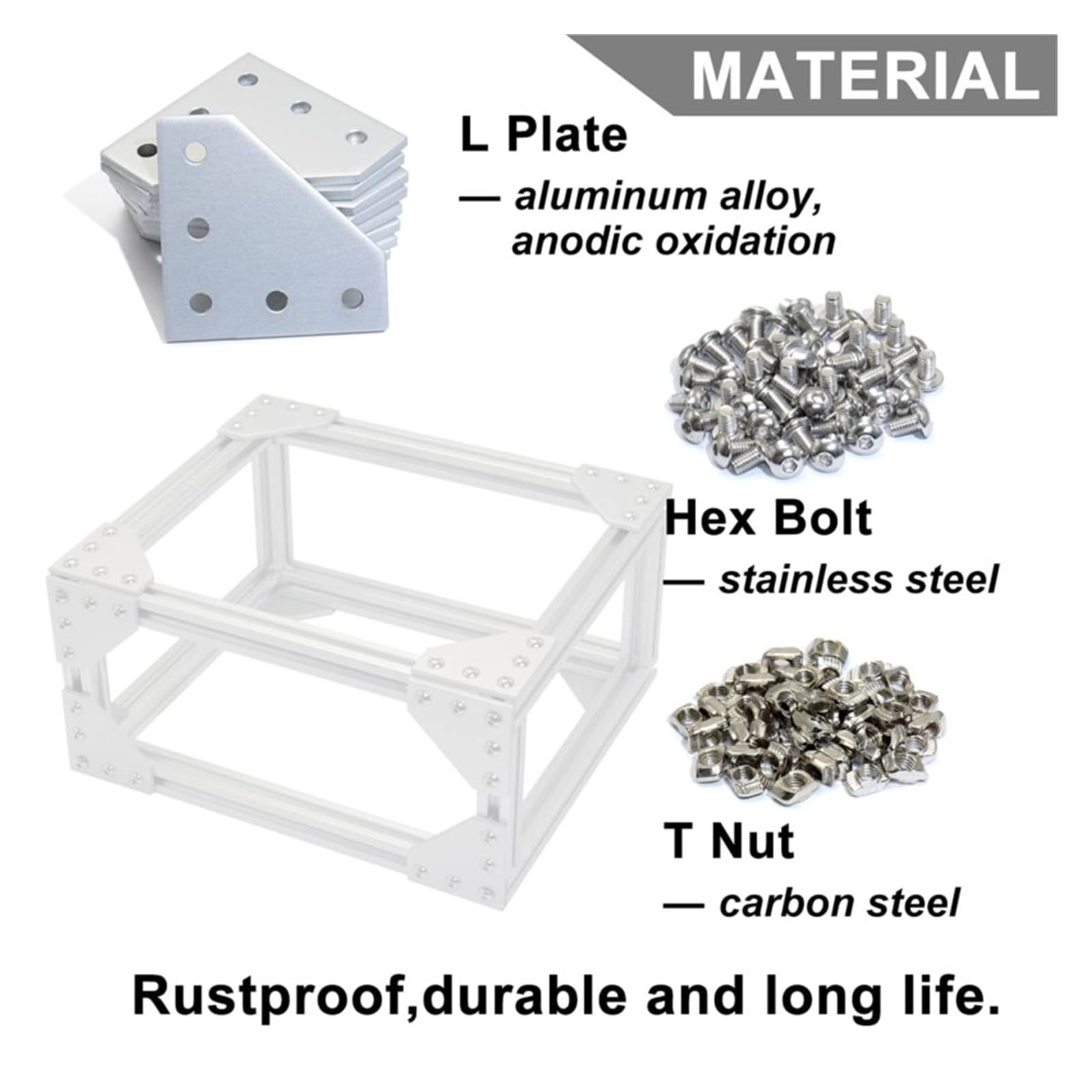 Placa de unión en L con ranura en T de aleación de aluminio de 10 piezas y tornillos hexagonales M5x8 de 50 piezas y tuercas en T de 50 piezas aptas for perfiles de aluminio de la serie 2020 Cheerfull
