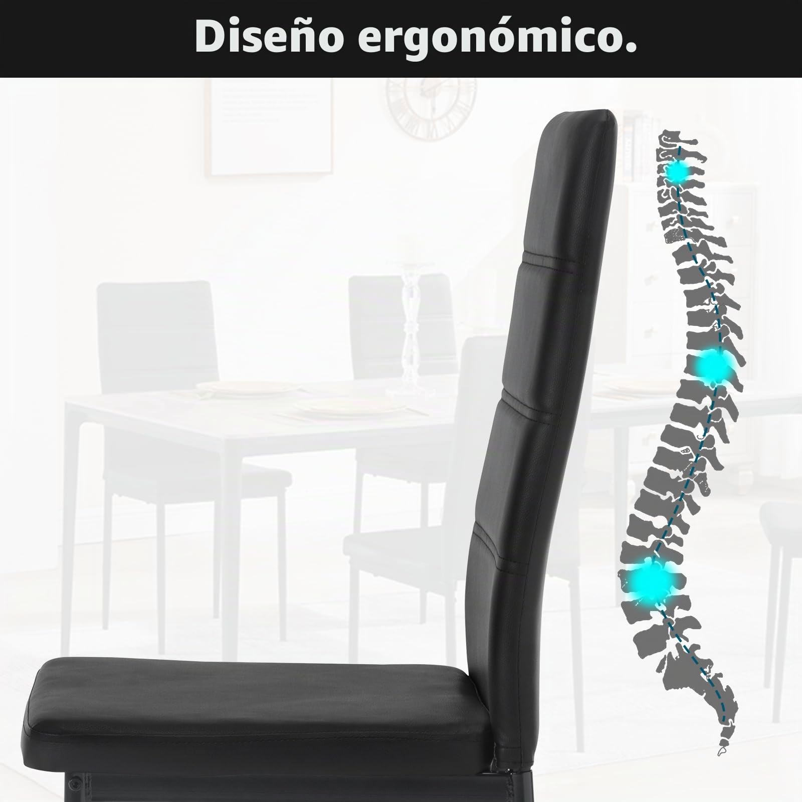 WOLTU Juego de 4 Sillas de Comedo,Piel Sintética,Negro | Respaldo Alto, Tapizadas, con Patas de Metal, para Comedor, Salón, Dormitorio