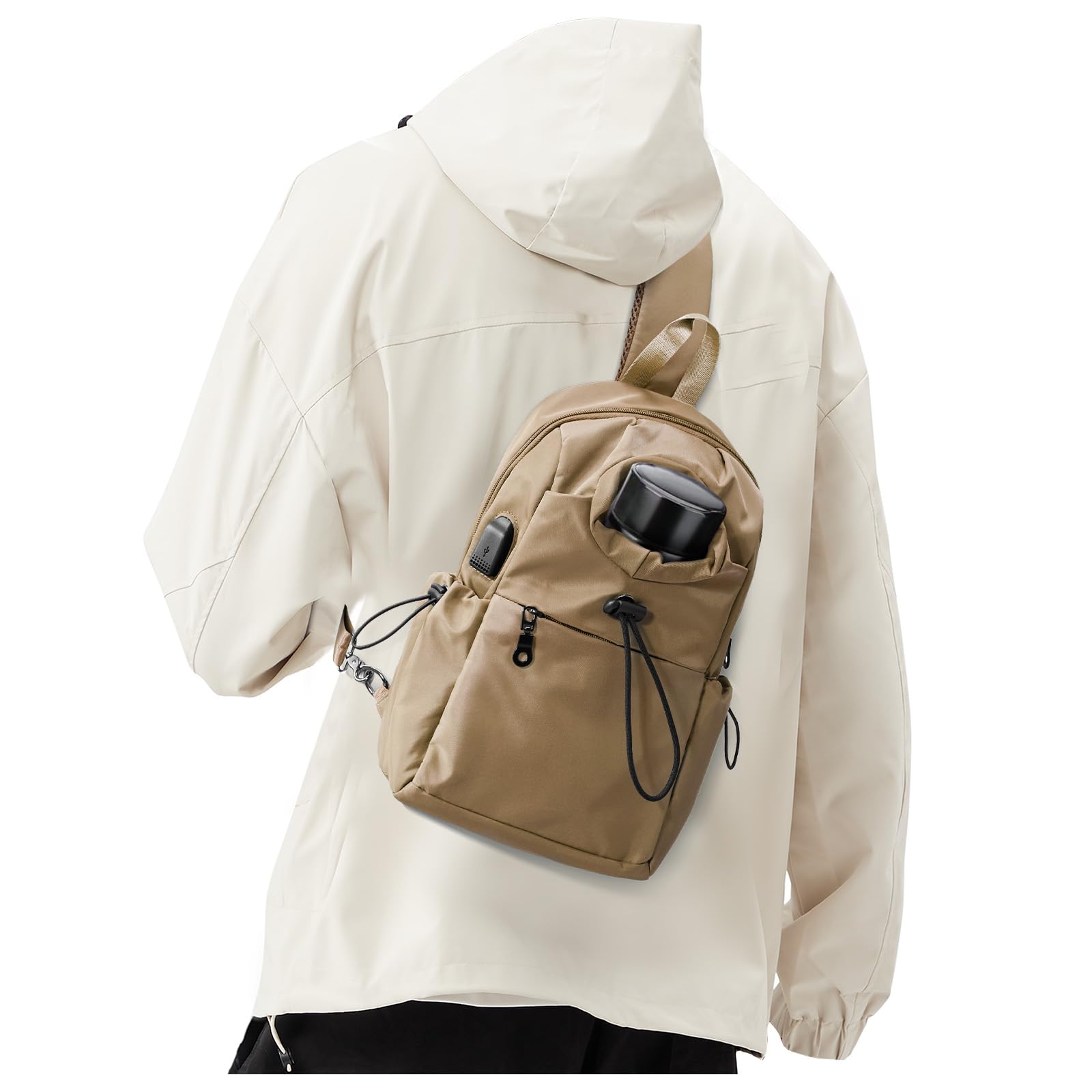 SEAFEW Sling Backpack bag for Men Khaki, Tactical BackpackSmall One Strap Daypack, Mini Anti-Theft Cross Body Motorcycle Chest Bags, Satchel Bag for