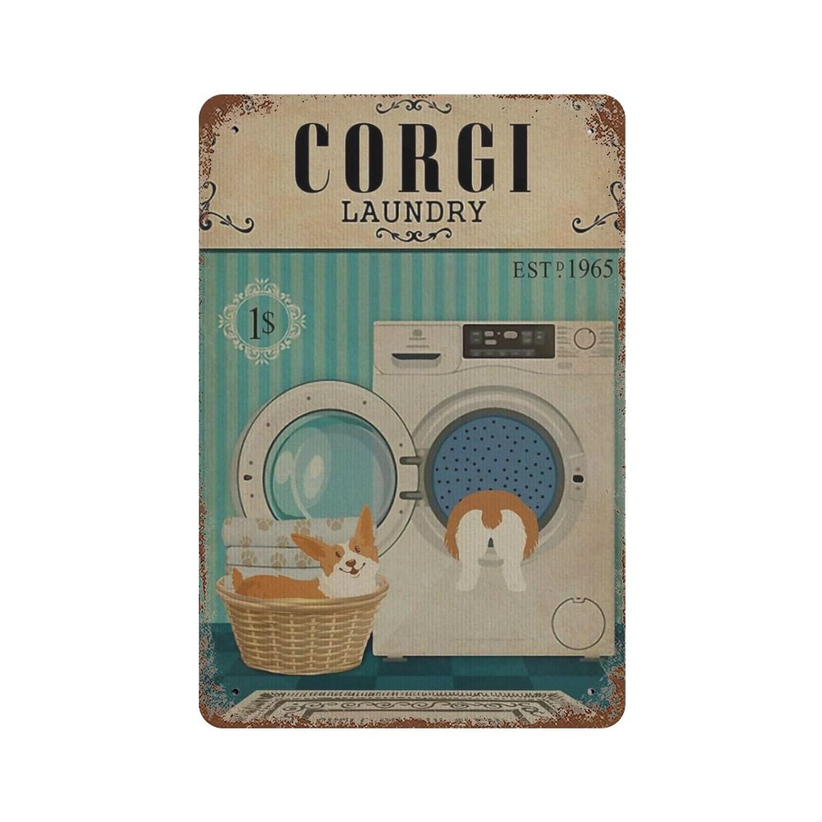 Laundry Room Tin Sign Corgi Dog and Laundry Metal Sign Decor Tin Aluminum Signs for Kitchen Home Office Bar Cafe Decor 8x12 Inch