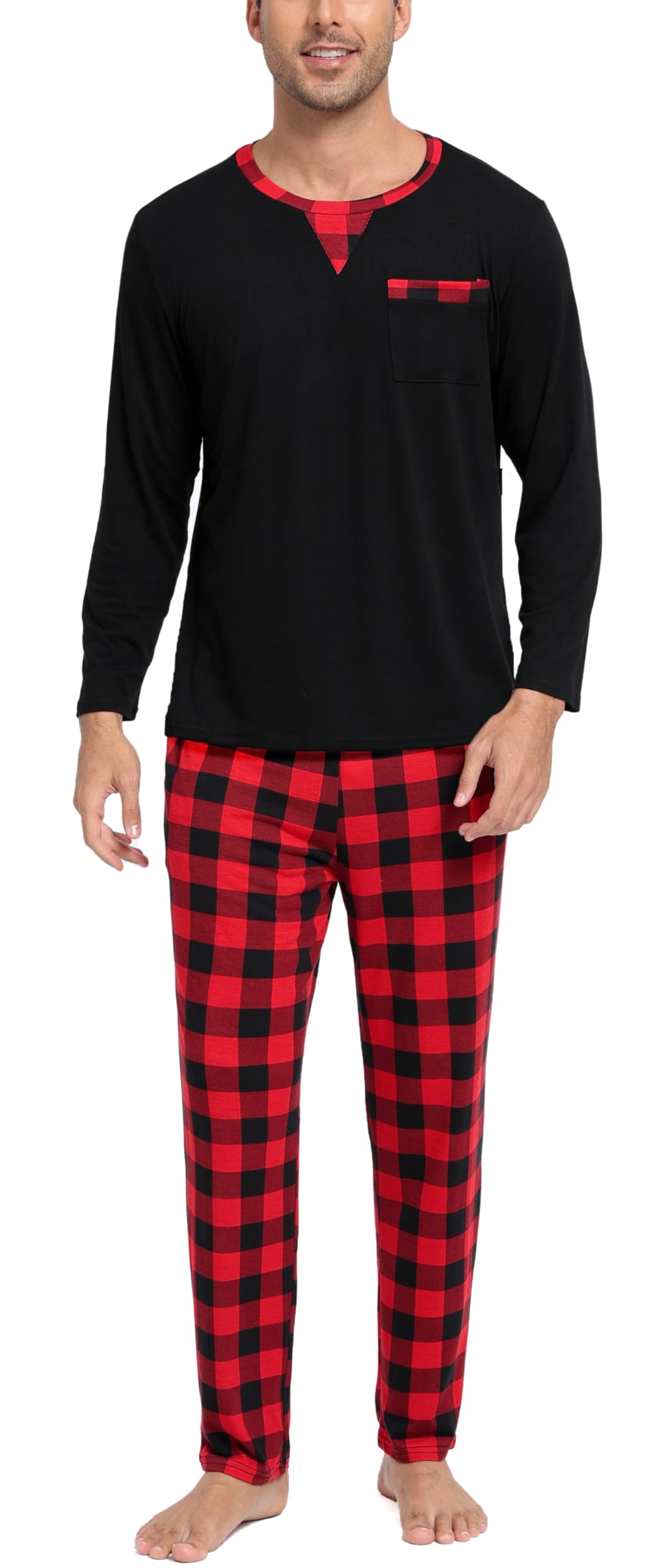 Yukiuiny Herren Schlafanzug Lang Baumwolle Pyjama Zweiteiliger Nightwear Set mit Knopfleiste Langarm Shirt Pyjamahose mit Tasche