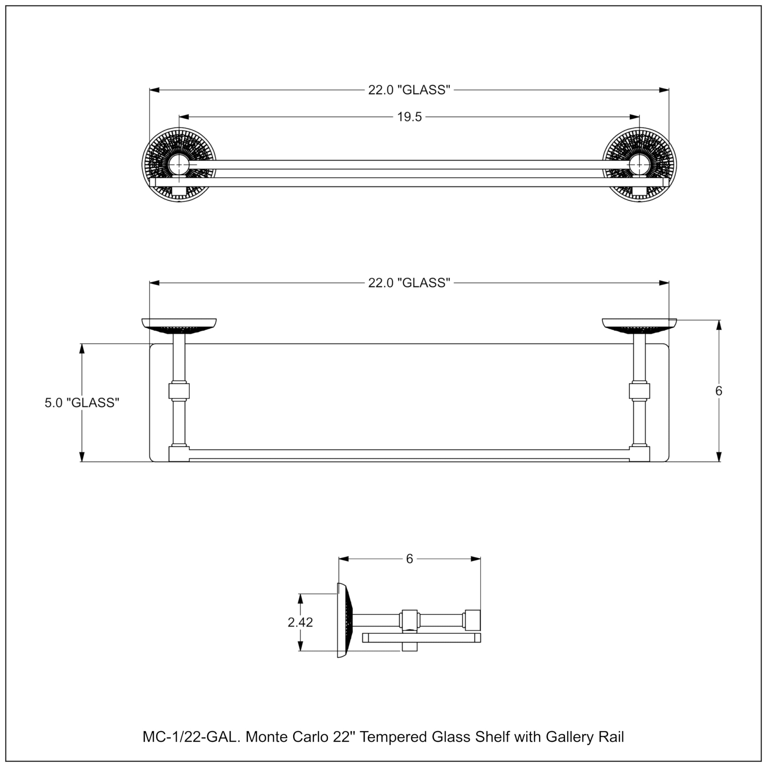 Allied Brass MC-1/22-GAL-FER Monte Carlo 22 Inch Tempered Glass Shelf with Gallery Rail, Fire Engine Red