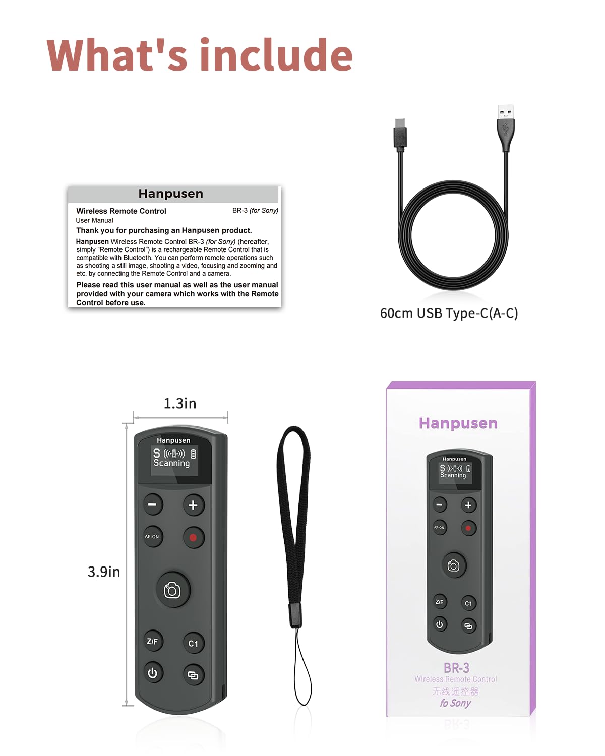 Télécommande sans fil rechargeable avec écran OLED Hanpusen pour Sony A6400 A6600 A6700 A6100 ZV-E10 ZV-E1 ZV-1 FX-30 A7RV A7RIV A7III A7IV A9II RX100 VII A1II