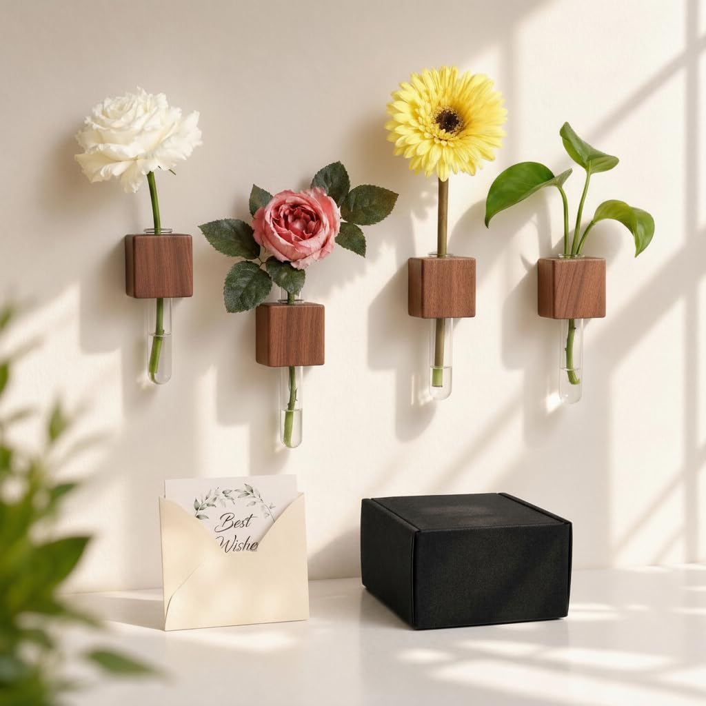 4-Piece Magnetic Wooden Vases - Magnetic Wood Blocks with Test Tubes for Refrigerator & Locker Decor | All-in-One Floral Gift Set with Greeting Card for Mom & Teachers (Walnut)