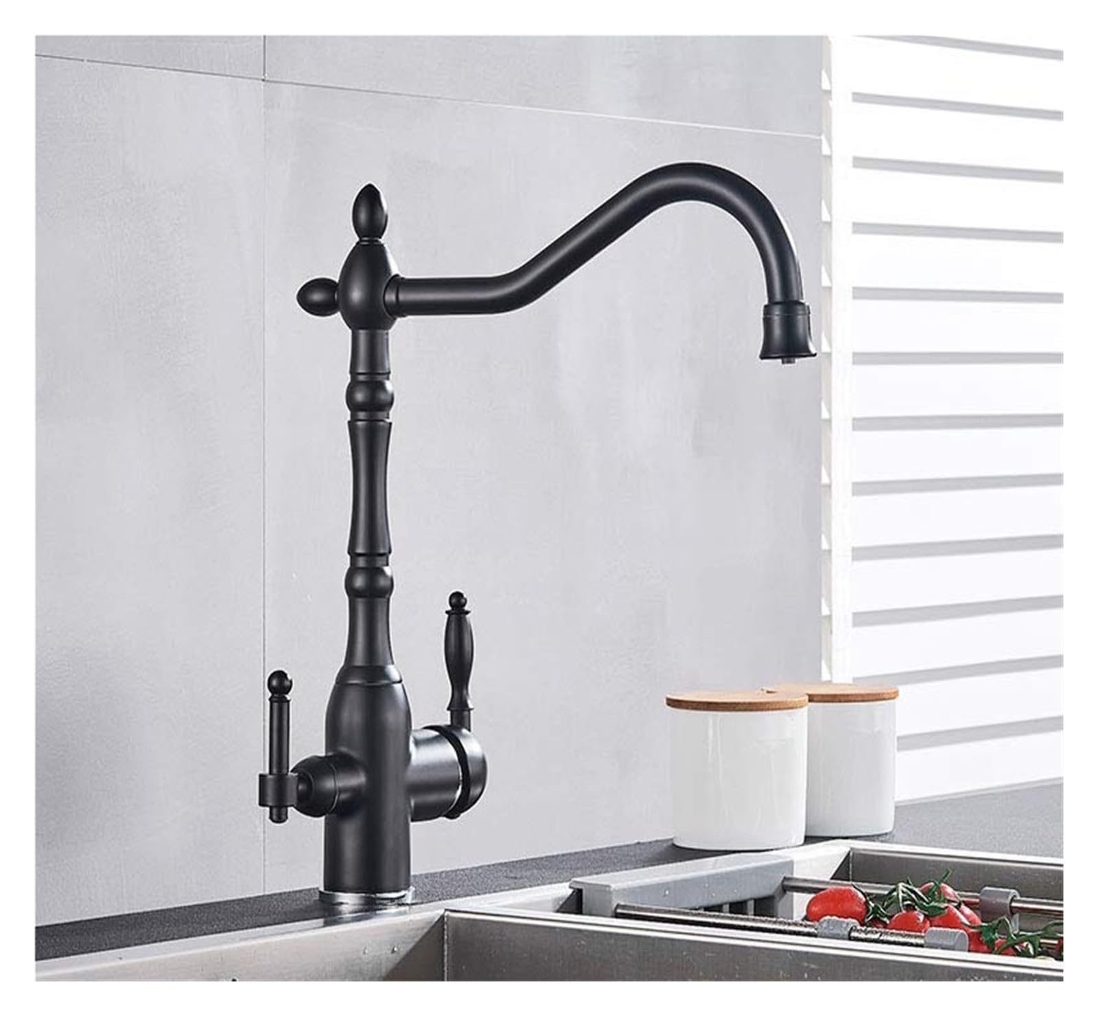 MXXQRHF Kitchen Faucets, Brass 360 Swivel Kitchen Double Handle Dual Water Mode hot and Cold Mixer Faucet (Matte Black)