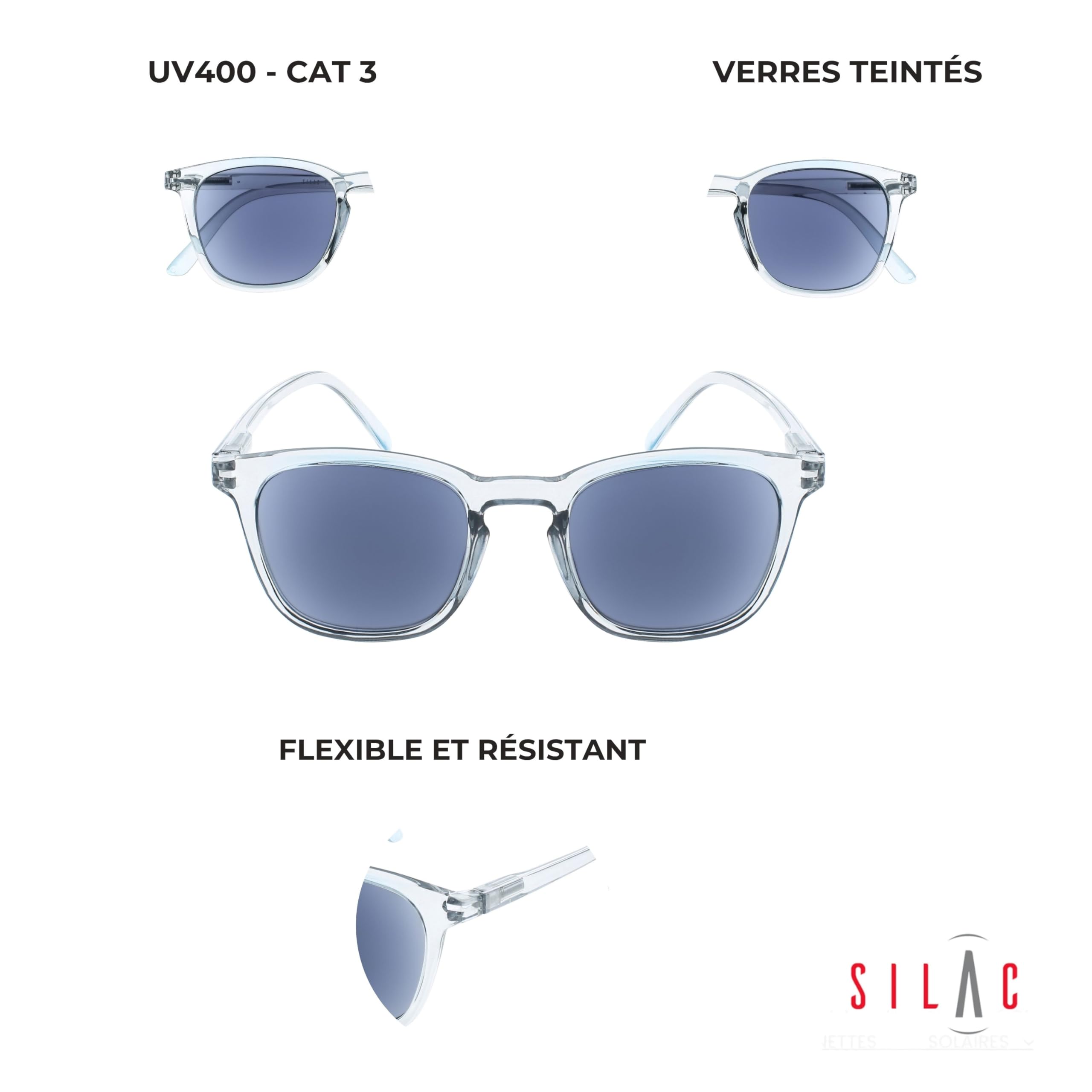 SILAC - 7551 - Lunettes de lecture solaire homme et femme - +1,00 à +3,50 | Monture gris cristal polycarbonate – Verres teintés Cat. 3 UV400 – Branches flex