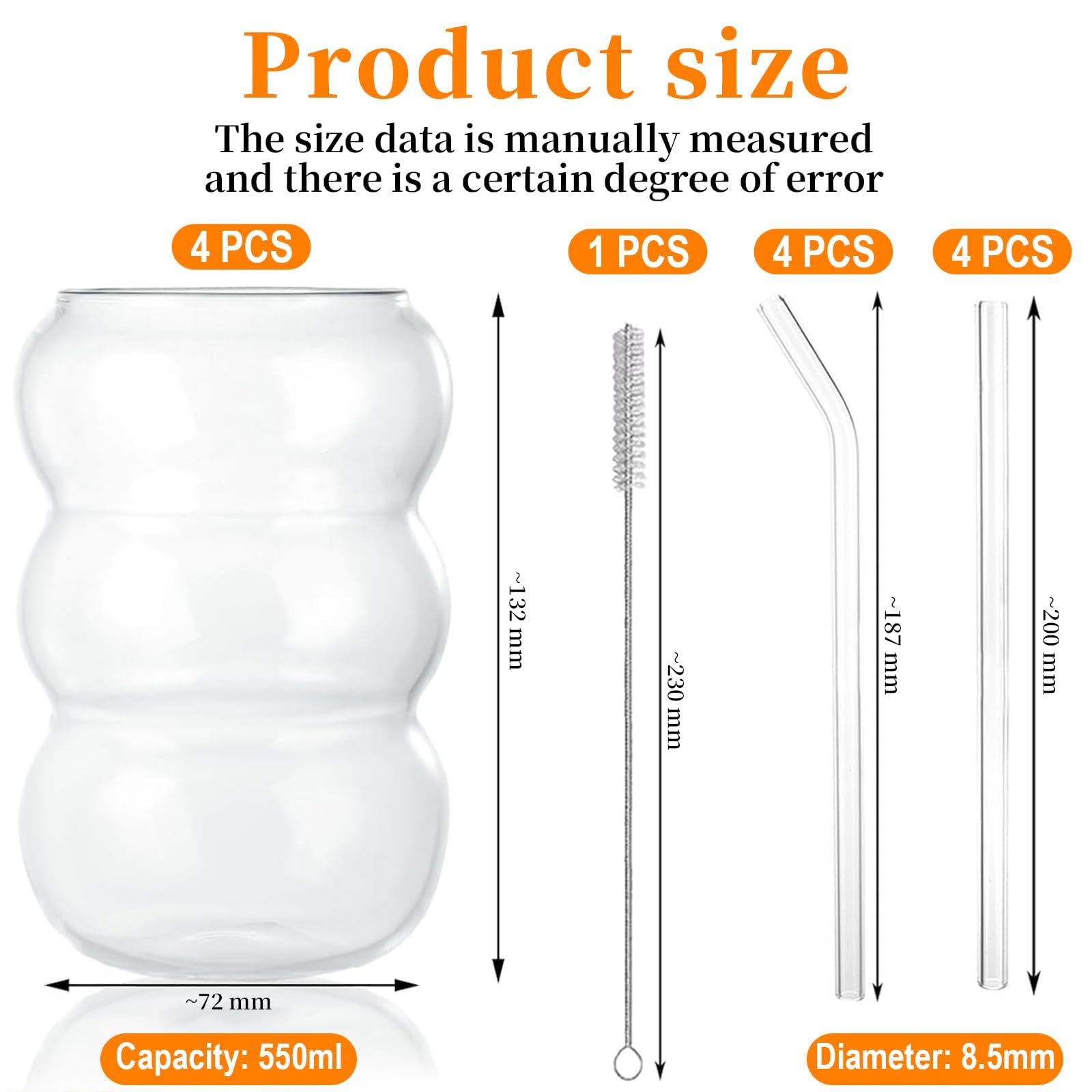 Bicchiere in borosilicato di Grande capacità 550 ml, (Bicchiere 550 ml*4 + cannucce*4 + Spazzola per la Pulizia delle cannucce*1)