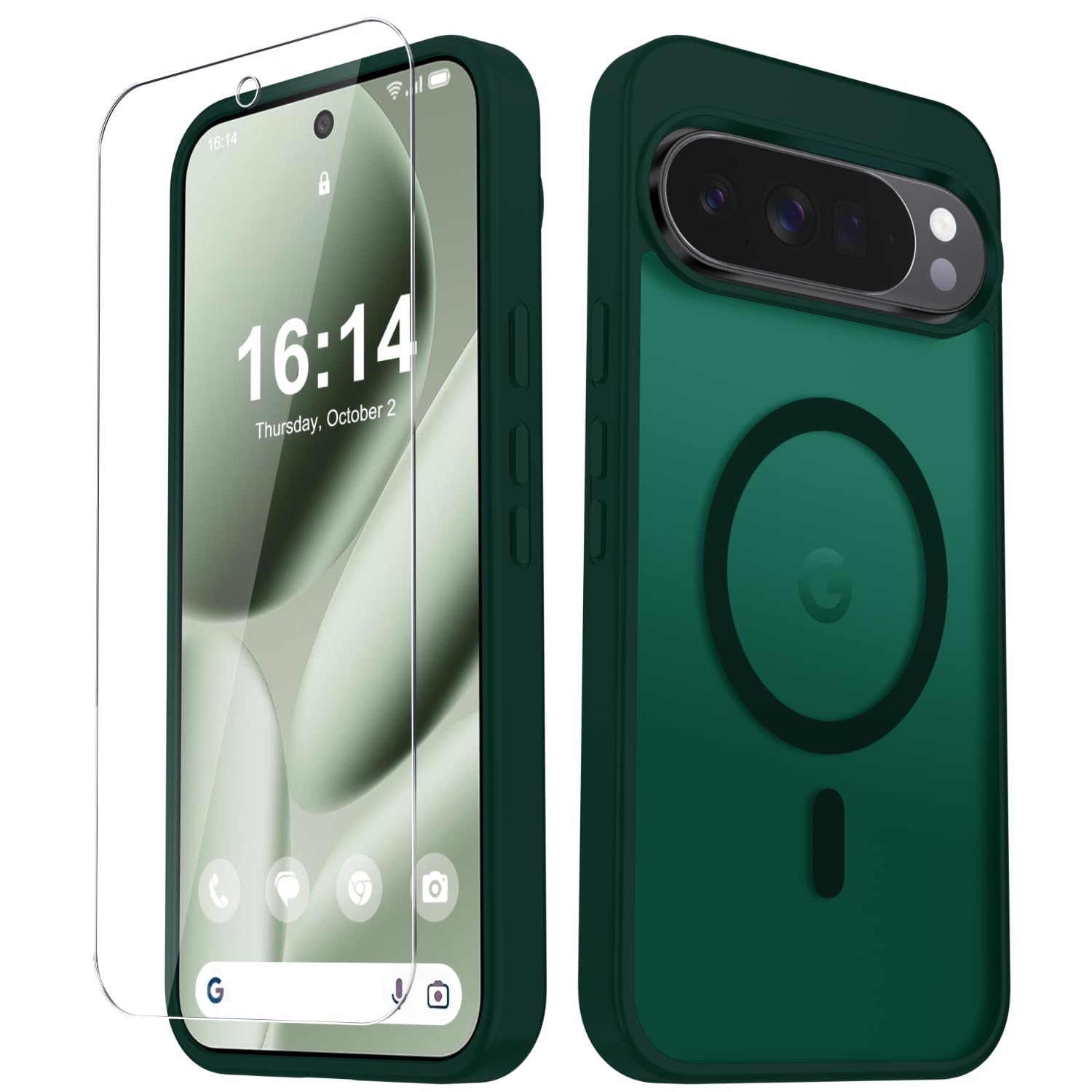 for Google Pixel 10/10 Pro Case, Matte Magnetic Cover, Dark Green | Fit for MagSafe, Screen Protector included, Shockproof Military Grade Protection, Translucent Frosted Back
