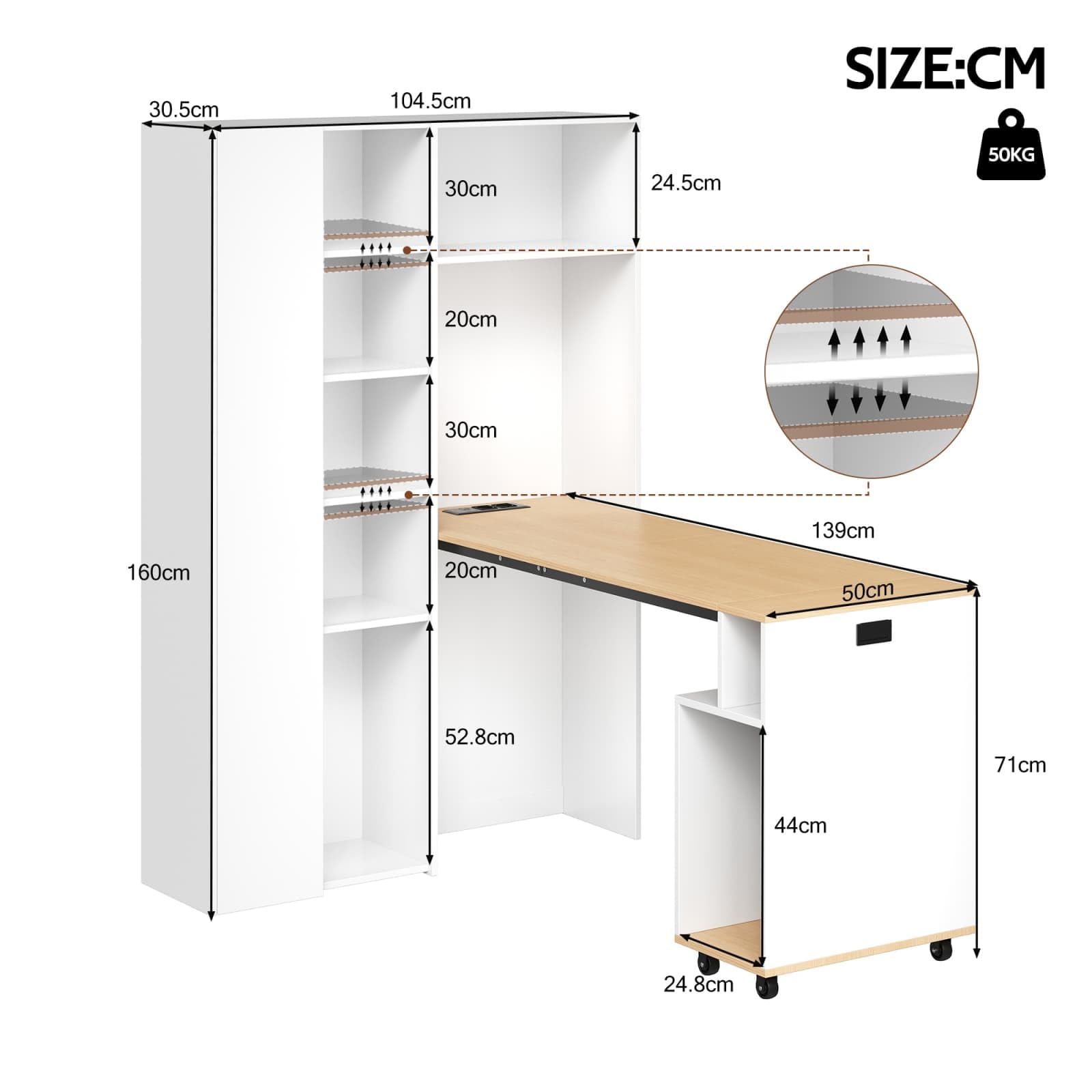 KOMHTOM Escritorio Plegable con Estantería Integrada a la Izquierda Mesa Ordenador Ahorro de Espacio con Enchufe y Puertos USB Blanco (Blanco Brillo - Estantería a la Izquierda)