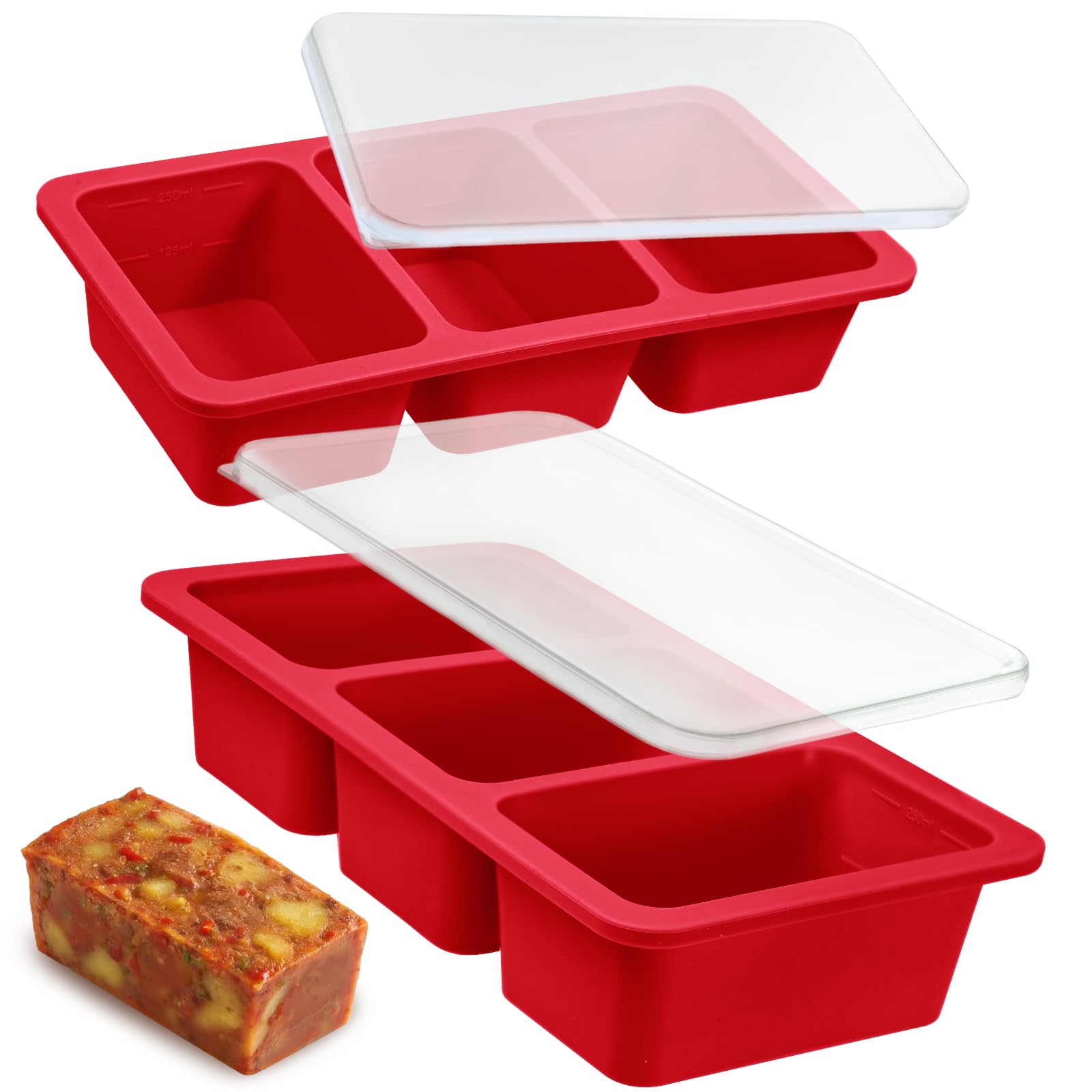 Kamehame 1 Cup Silicone Soup Freezer Mould with Lid & Steel Frame 2 Pack 250ml Silicone Food Storage Containers Freezer Moulds for Food, freezering Cubes,Soupe, Broth, Butter, Meal Prep, Red