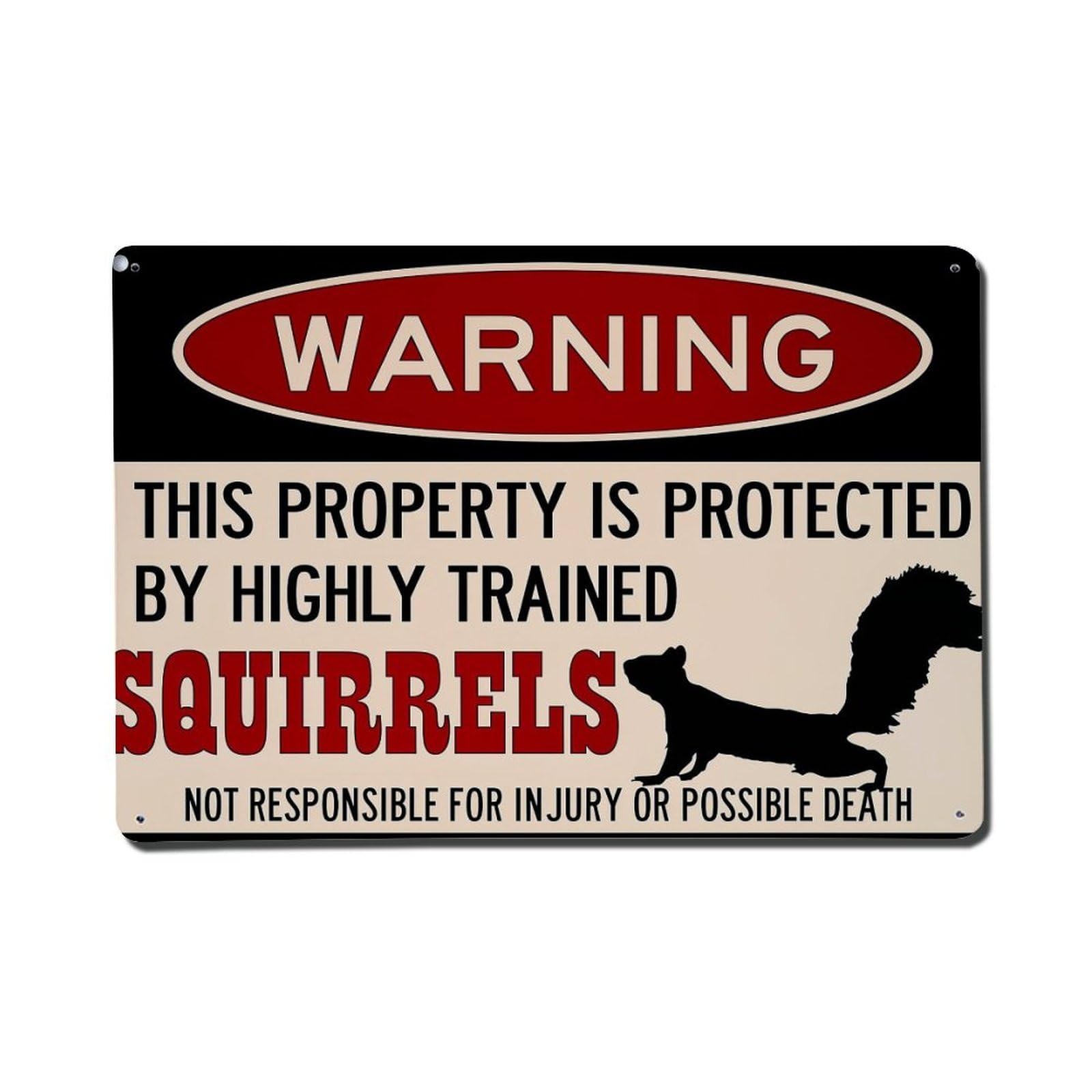 Warning Squirrels Property Protected Trained Retro Metal Tin Sign, Vintage Metal Poster for Home, Gaming Room, Studio Workshop,Bar,Garage Wall Art Decor 8x12 Inch