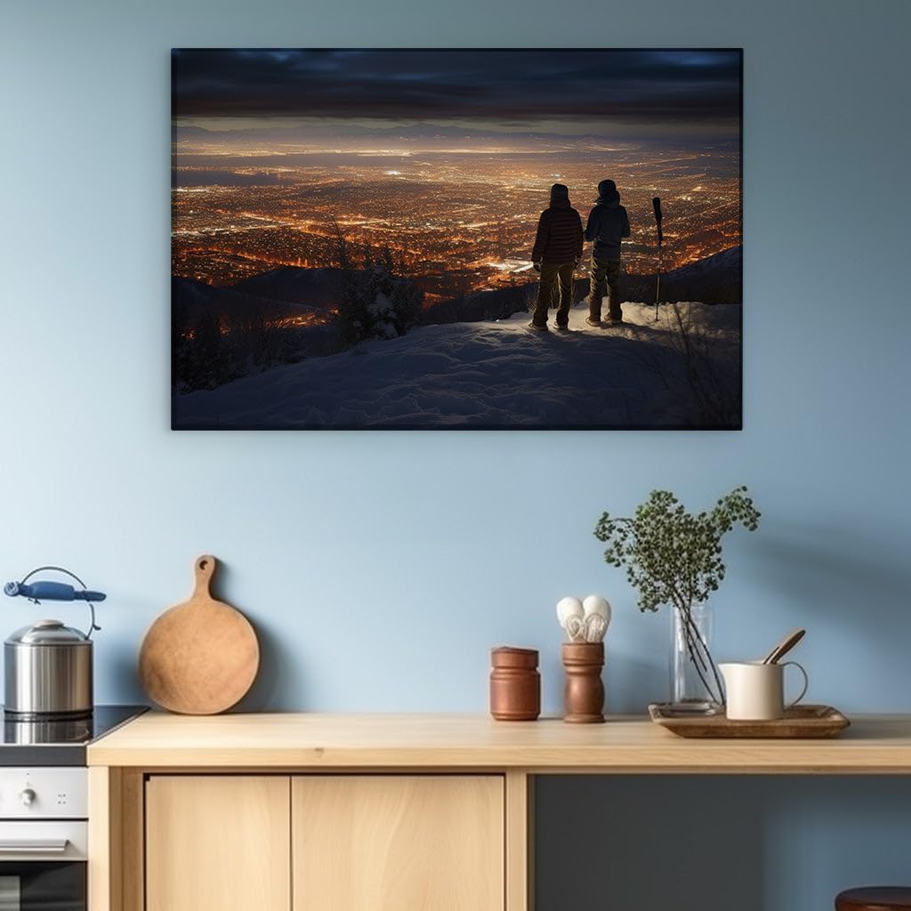 Canvas for Living room. Whispers of Winter's Serenity: A Stunning Contrast Between Snow Peaks and City Lights, 27 x 18 inch Canvas Wall Art - Contemporary Masterpieces - Modern Home Decor