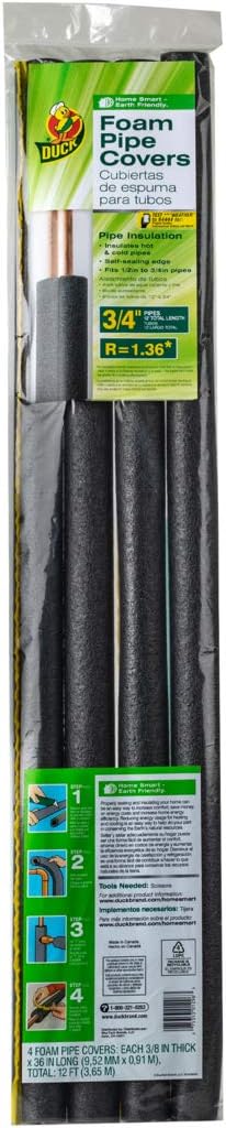 Duck Brand Foam Pipe Insulation Covers for 3/4-Inch Copper Pipes - 3-Foot Pre-Slit Sticks, Pack of 4 | Stops Freezing & Sweating