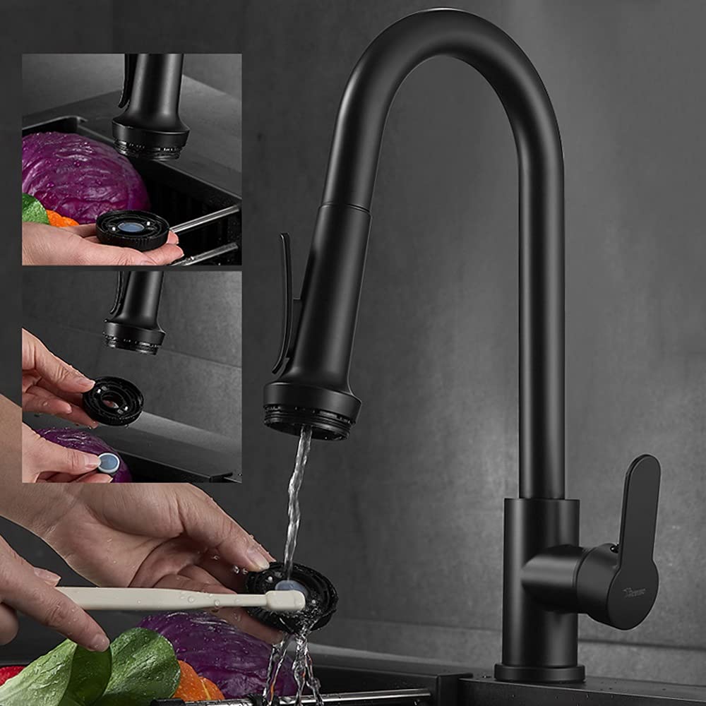 Grifo Monomando Todo Cobre Grifo de Cocina Tanque de Agua fría y Caliente manija única Orificio único Giratorio Salpicaduras y Grifo de Lavabo extraíble Negro