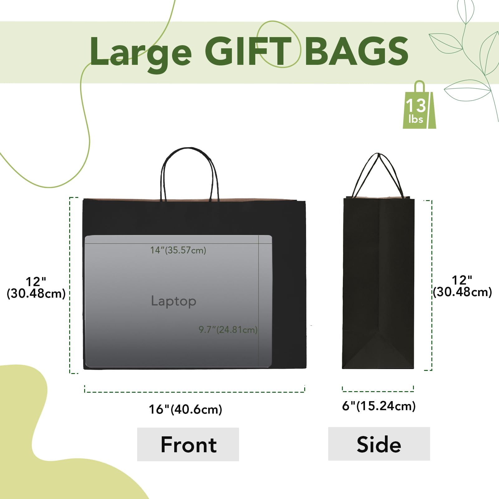 MESHA Schwarze Papiertüten, 50 Stück, 40,6x15,2x30,5 Cm – Mit Griffen, Recycelbar, Robust, Für Geschenke, Einzelhandel & Parties