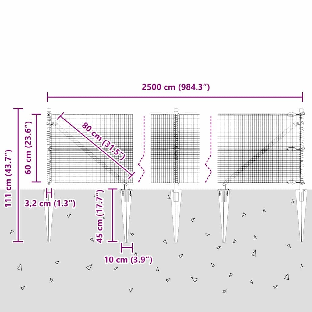 vidaXL Recinzione in rete saldata con punte 25 x 0,6 m Grigio Rete