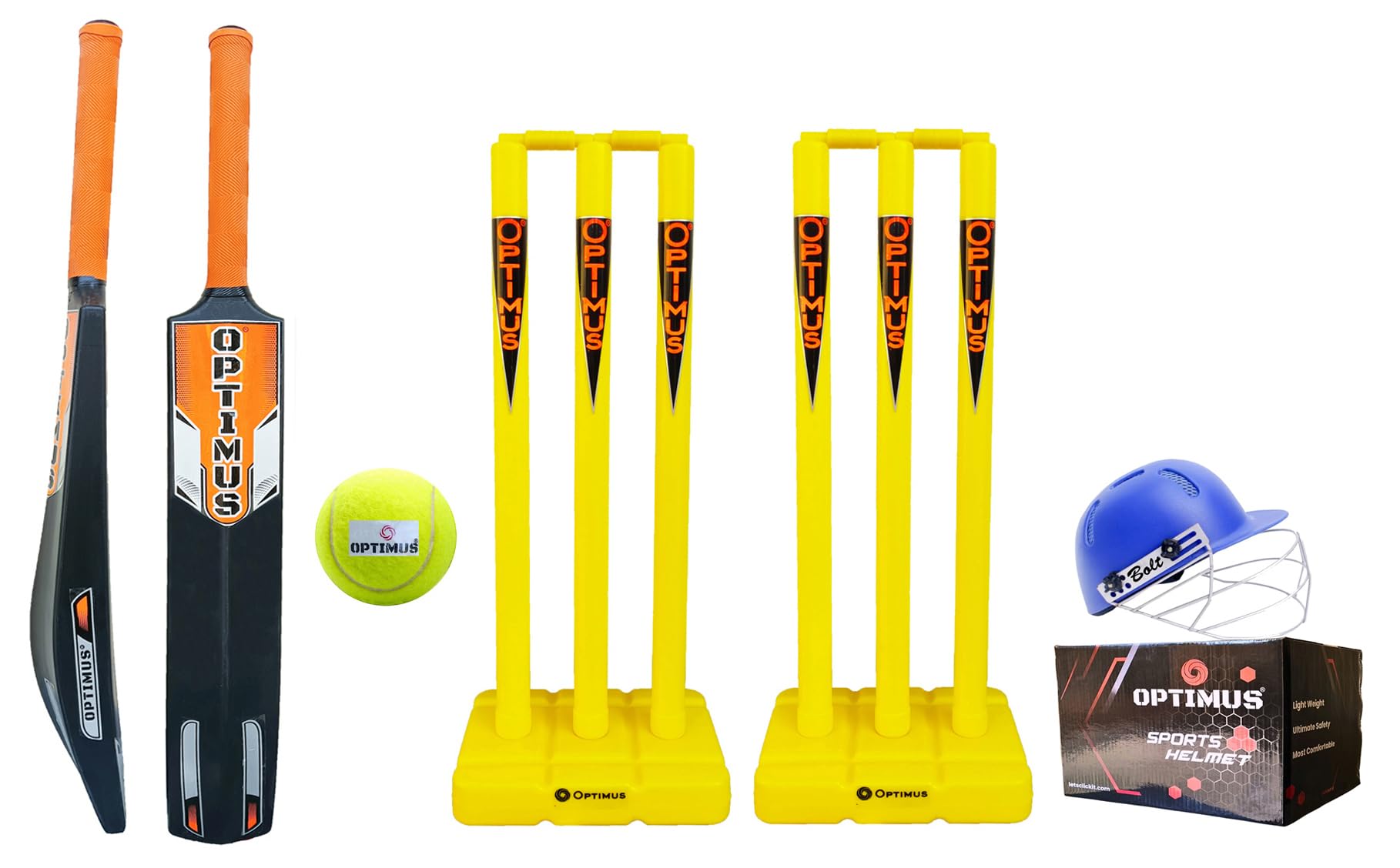 Optimus® Cricket Kit Combo Set - 1 Plastic Bat 9 No. - 15 Yrs & Above Age, 1 Cricket Tennis Ball, 30 Inch Plastic Stump Set 6 Pcs 4 Bails With 2 Base & 1 Helmet Large Head Size 58-61 cm- Orange Bolt B (B0CL68FXC2) Amazon Price History, Amazon Price Tracker