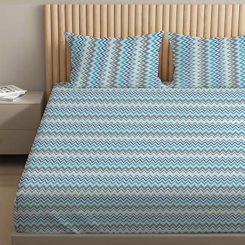 Image of Livspace Cotton Super King Size Bedsheet for Double Bed | 108 inch x 108 inch | 144 TC Flat Cotton Bedsheet with 2 Pillow Covers, Soft & Breathable - Bello Pure Nest Collection (Blue)