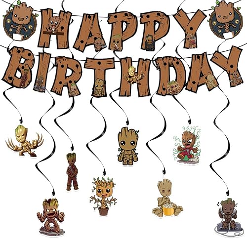 Miniatura 1 de Decoraciones de cumpleaños de Groot de dibujos animados Groot decoraciones de fiesta y espirales colgantes para niños, niños y niñas, suministros de