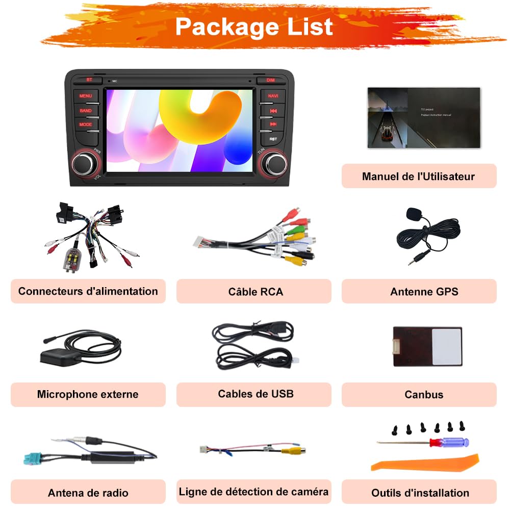 AWESAFE Autoradio Android 15 pour Audi A3 S3 RS3 8P (2003-2012), 7 Pouces Écran Tactile 2Go+32Go, CarPlay & Android Auto, GPS WiFi Bluetooth USB FM, Commandes au Volant