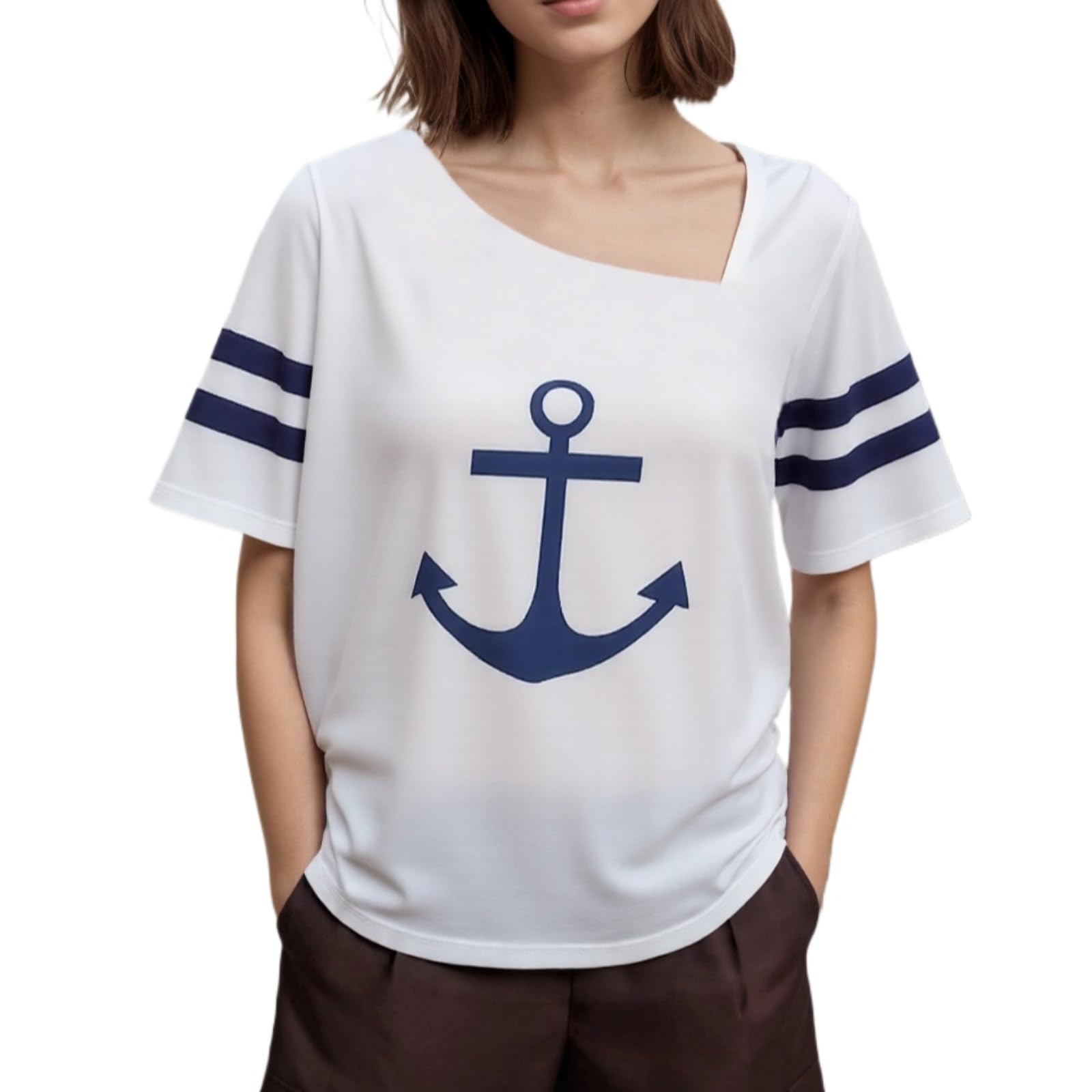 Womens Nautical Anchor Print T Shirt, Casual Marine Sea Sailor Cruise Short Sleeve Asymmetric Neck Top Blouse