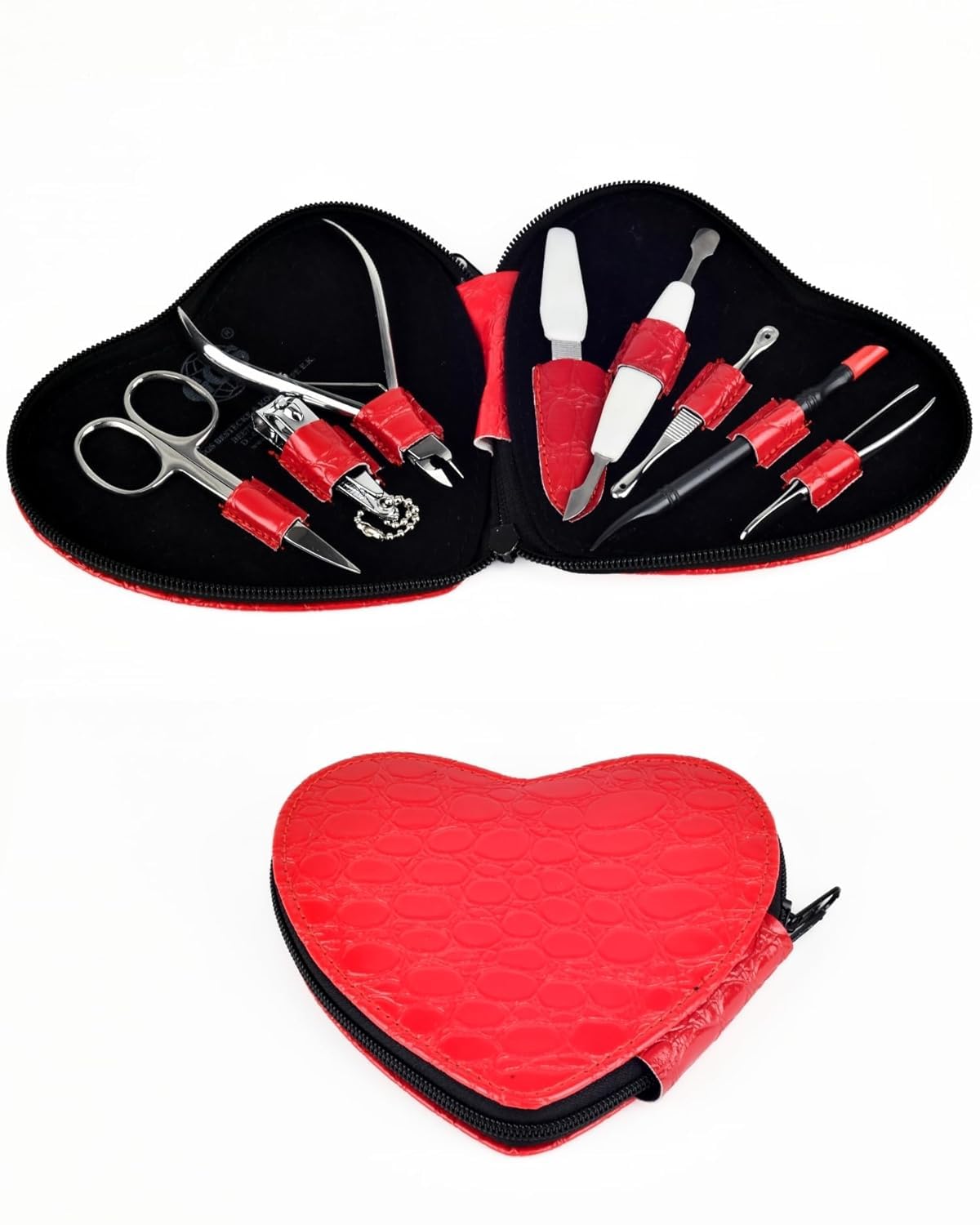 GGS Set Manicure Pedicure 8 Pezzi – Kit Unghie in Acciaio Inox con Forbicine, Tagliaunghie, Tronchesina Cuticole, Pinzetta e Lima, Custodia da Viaggio Rossa, per Donna e Uomo, Prodotto in Germania