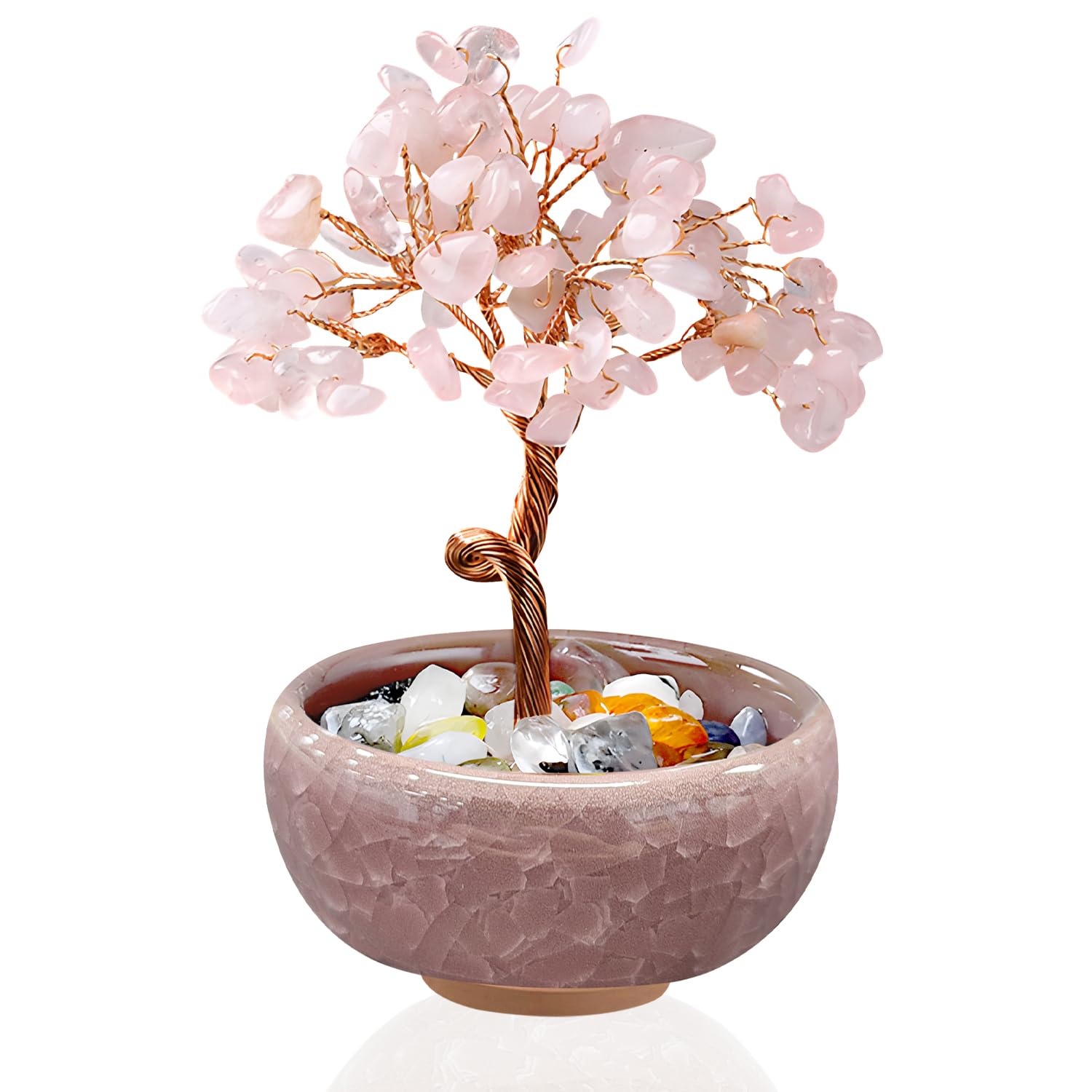 VLYX Rose Quartz Crystal Tree of Life - Handmade Pink Gemstone Money Tree for Home Office Decor Positive Energy Gift for Women