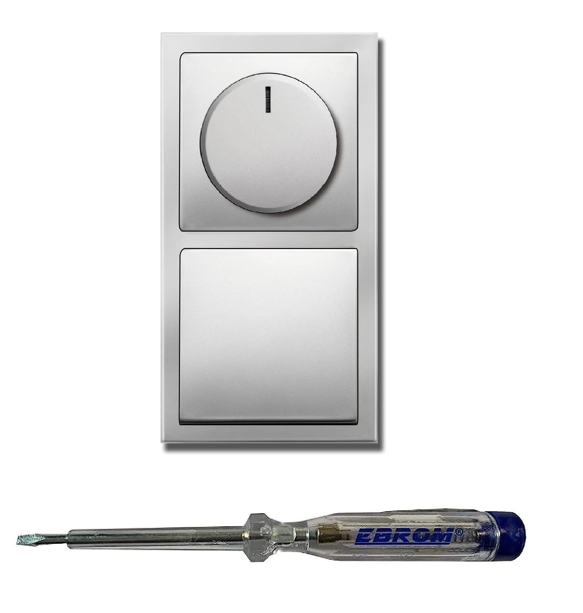 Busch Jäger 6523U-102 LED Drehdimmer Dimmer + Dimmerscheibe 6540-866-102 und Lichtschalter 2000/6 US und 1786-866 in PUR EDELSTAHL inklusive EBROM Phasenprüfer zur Montage der Geräte (6523 U – 102)