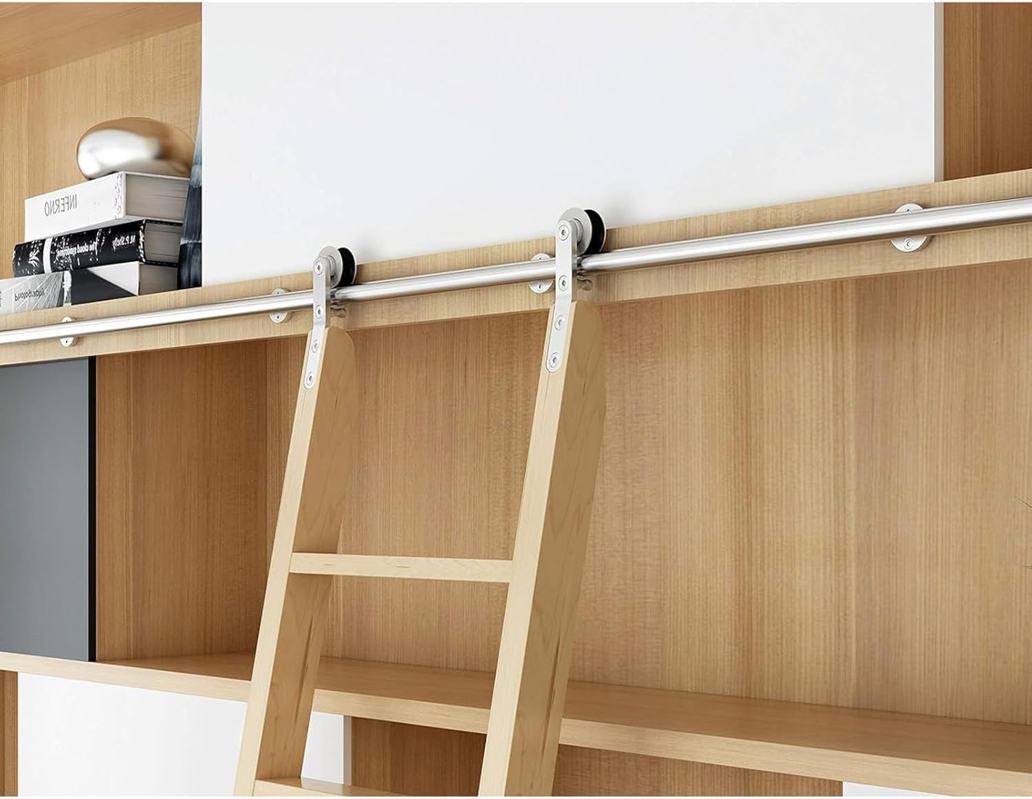 Generisch Rollbare Bibliotheksleiter für das Homeoffice, Gleitschienensystem für Bücherregale, Edelstahl-Rundrohr-Gleitleitersystem, komplettes Schienenset mit oberer Rolle (ohne Leiter) (Gr