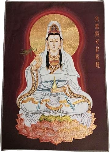 China Budismo paño de seda Avalokiteshvara Guangyin Kwan-yin Thangka Mural colgante de pared para decoración casera tapiz meditación