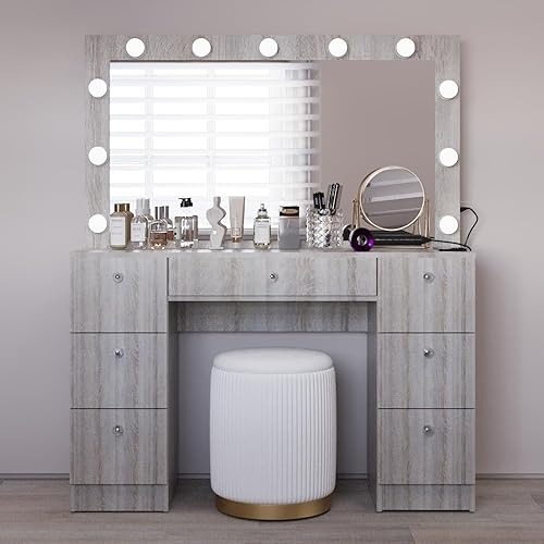 Boahaus Freya Large Makeup Vanity Desk with Hollywood Lights, 7 Drawers, USB Type-C & Type-A Ports, Charging Station, Hair Dryer Hanger, Crystal Knobs– Vanity Desk for Bedroom, Premium Finish (Greige)