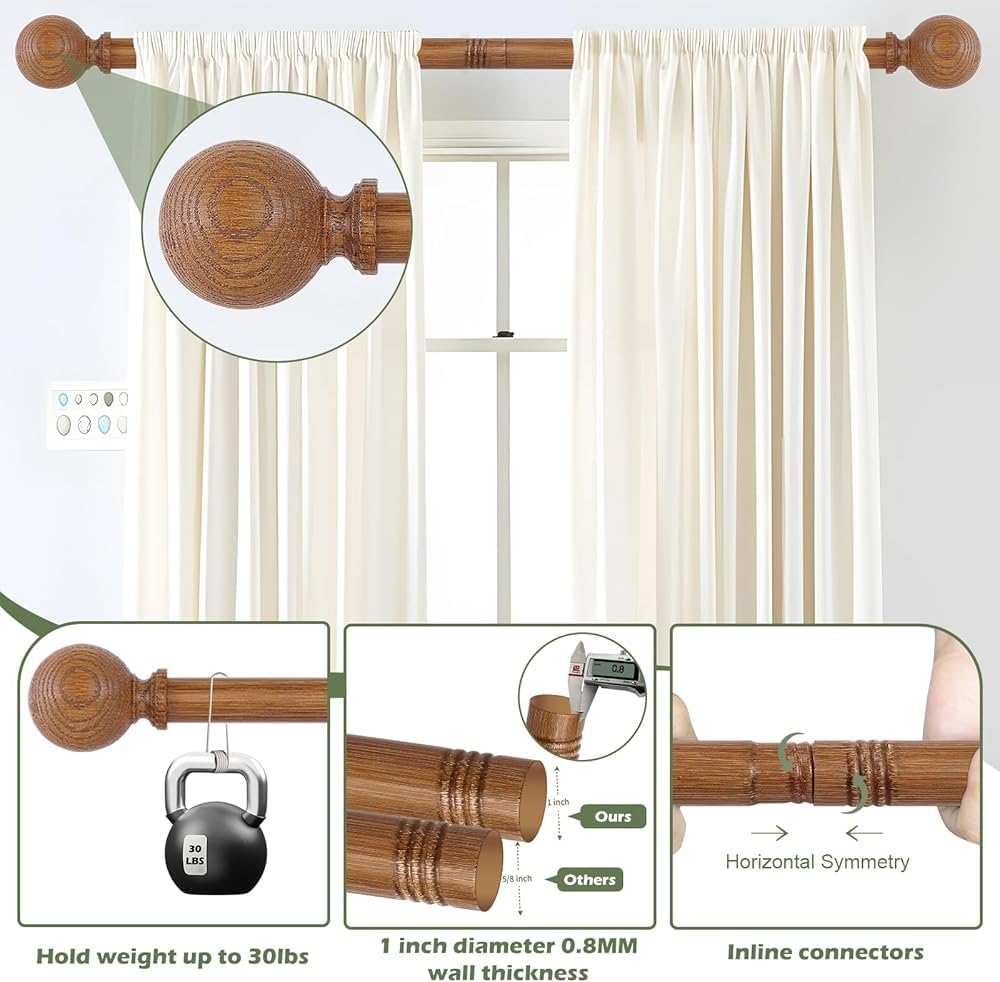 Holzkornkugel Verstellbare Gardinenstange,verstellbare Duschvorhangstange,Bauernhaus Rustikale Teleskopstange, Spannstange,Bügeleisen mit Scheibengardinenstange(Size:18-60in)