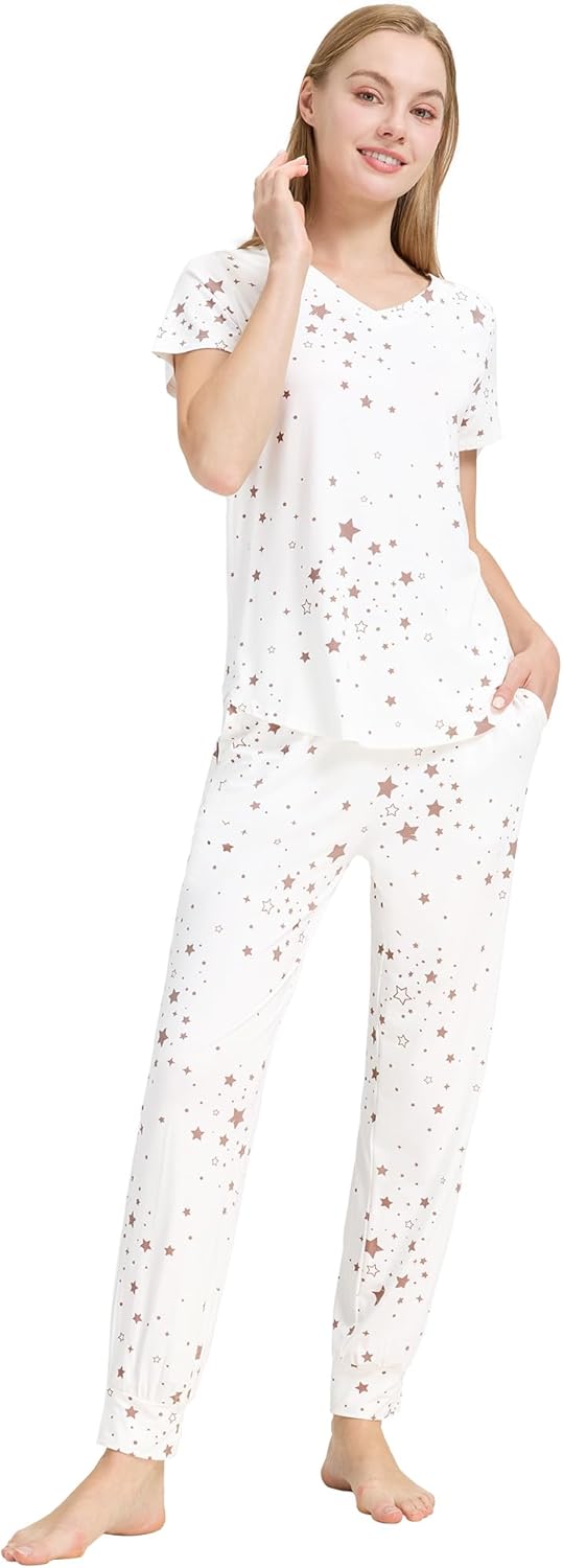 WiWi Pajamas for Women Soft Pajama Sets Short Sleeve Tops with Jogger Pants Viscose from Bamboo Pjs S-XXL - Image 3