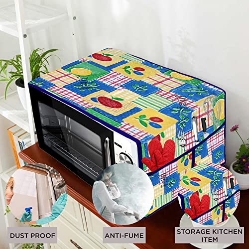 Image of Microwave Oven Top Cover Dustproof 3-Layered Polyester Fabric with 4 Utility Pockets Washable Kitchen Appliance Protector (Blue, 36x14 Inch, Up to 30 Liter)
