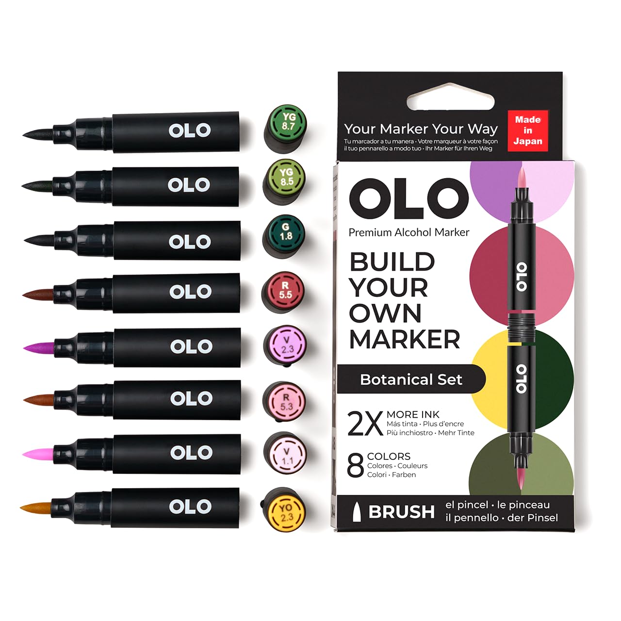 OLO Botanical - Set di 8 pennarelli ad alcool con punta a pennello, personalizzabili con innovativo flusso di inchiostro, pennarelli professionali a doppia punta per illustrazioni, schizzi, disegno