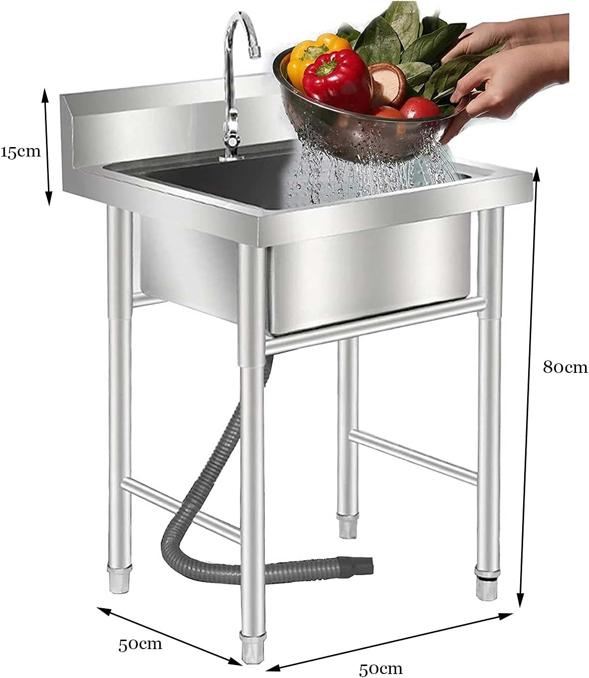 Commercial Handwashing Sink Thickened 201 Stainless Steel Kitchen Sink Mobile Single Bowl Sinks with Faucet for Garage Restaurant Kitchen Laundry Room (50 X 50 X 80cm)