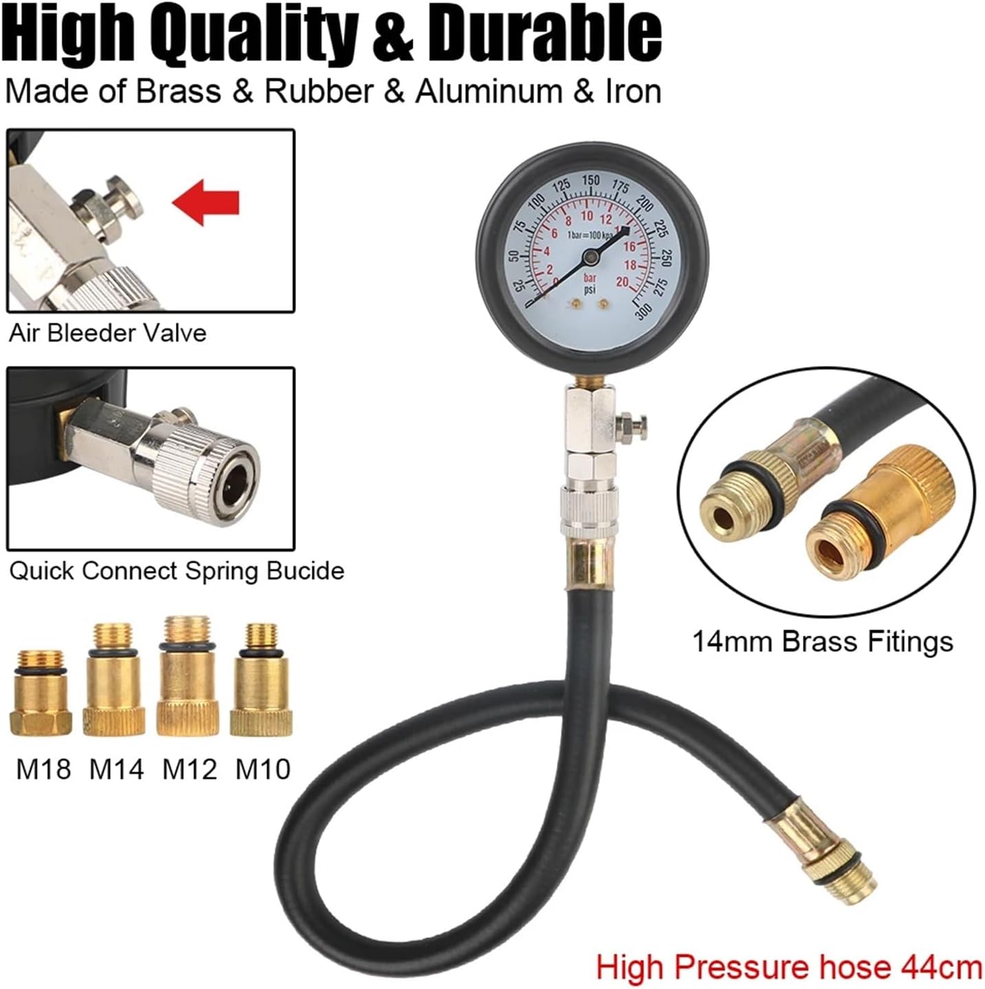 Gasoline Engine Compression Meter Automotive Cylinder Tester Kit with M10 M12 M14 M18 Adapter Auto Tools Pressure Gauge