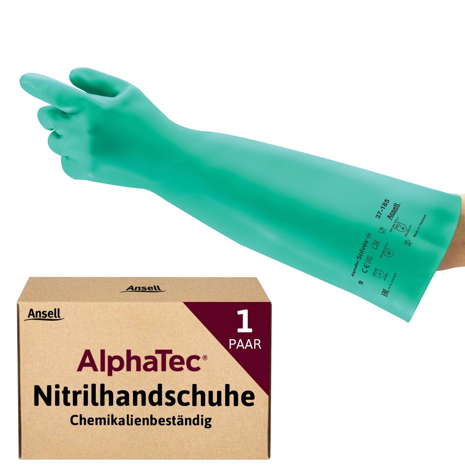 Ansell AlphaTec 37-185 Nitril-Arbeitshandschuhe, Industrie Chemikalien und Lebensmitteln, Chemikalien-Schutz Latexfrei, Chemie-Handschuh Säurefest, Damen Herren, Grün, Größe L (1 Paar)