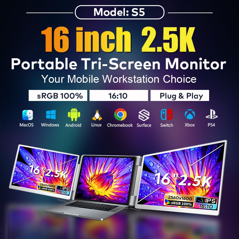 Image of 16 inch Laptop Screen Extender Triple Display - 2560x1600P QHD Portable Monitor, USB C Detachable Plug & Play Extender for 12 inch -17 inch Laptops - Compatible with Windows /Android /PS4 /MacBook