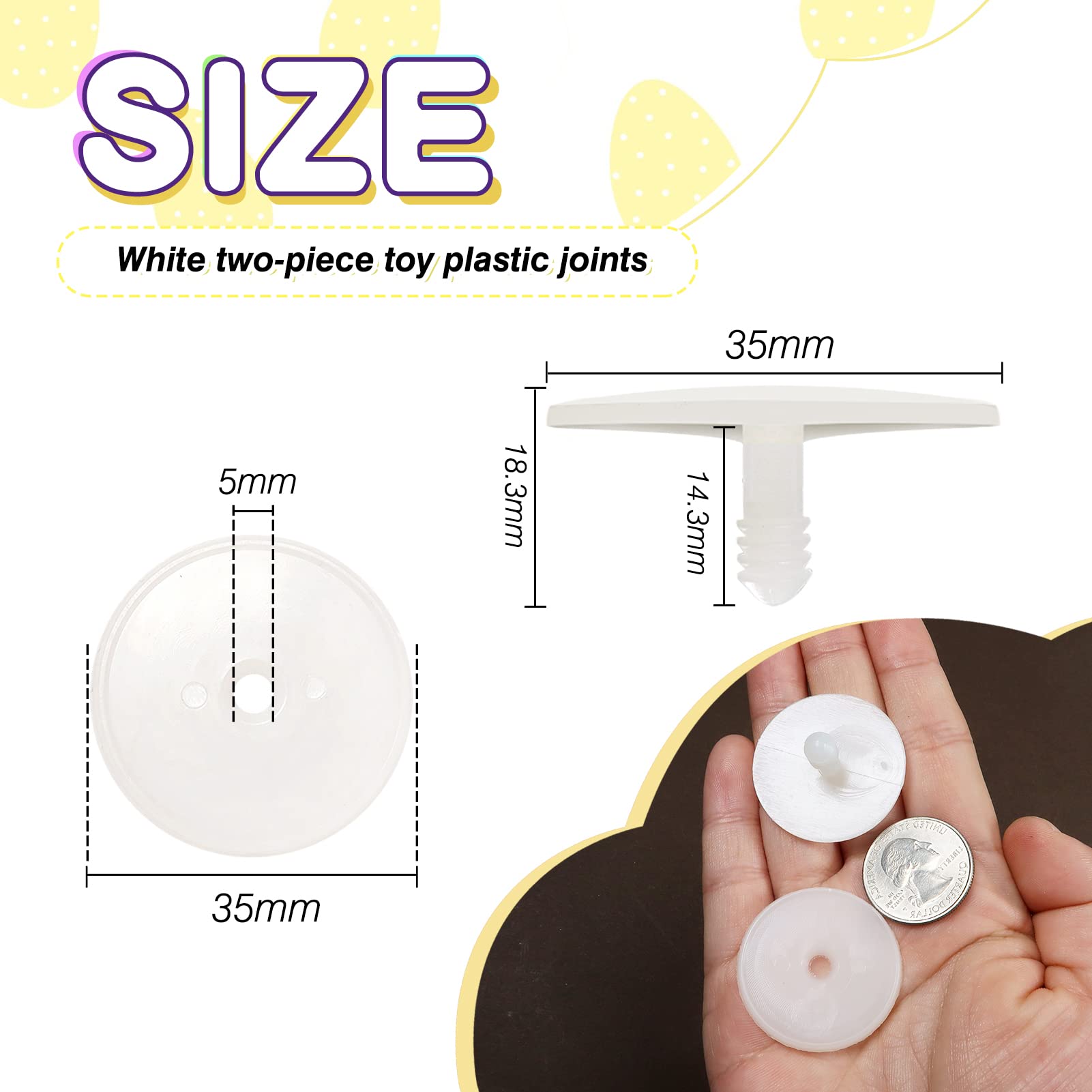 TOAOB Doll Joints for Amigurumis Crochet 50 Set 35mm White Plastic Safety Joints for Stuffed Animals Limbs and Arms Movable Connectors for Doll Making DIY Crafts - Image 2