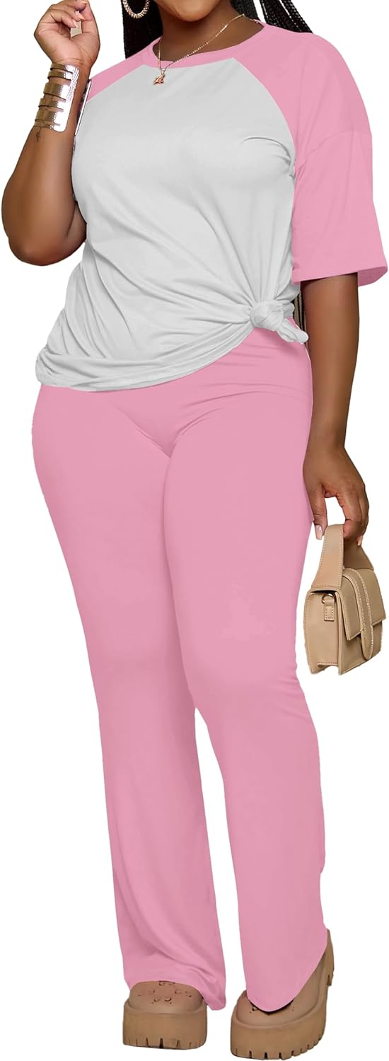 PINSV 2 Piece Sets for Women Summer Short Sleeve Top and Flare Pants Casual Lounge Sets - Image 6