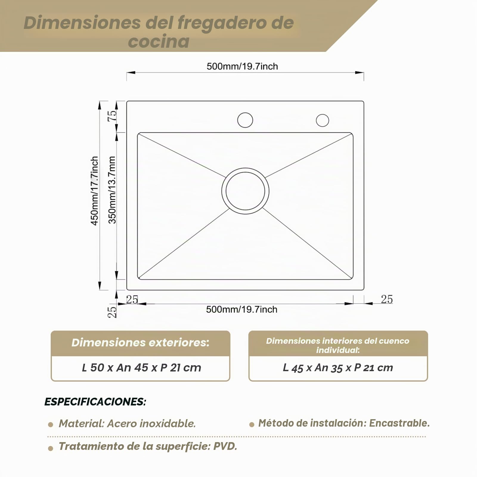 Fregadero doble de acero inoxidable, 55 x 45cm, con 2 cuencas, orificio para grifo y juego de sifón, fregadero cocina 2 senos fregadero dos senos kitchen sink (Black, L55XW45cm)