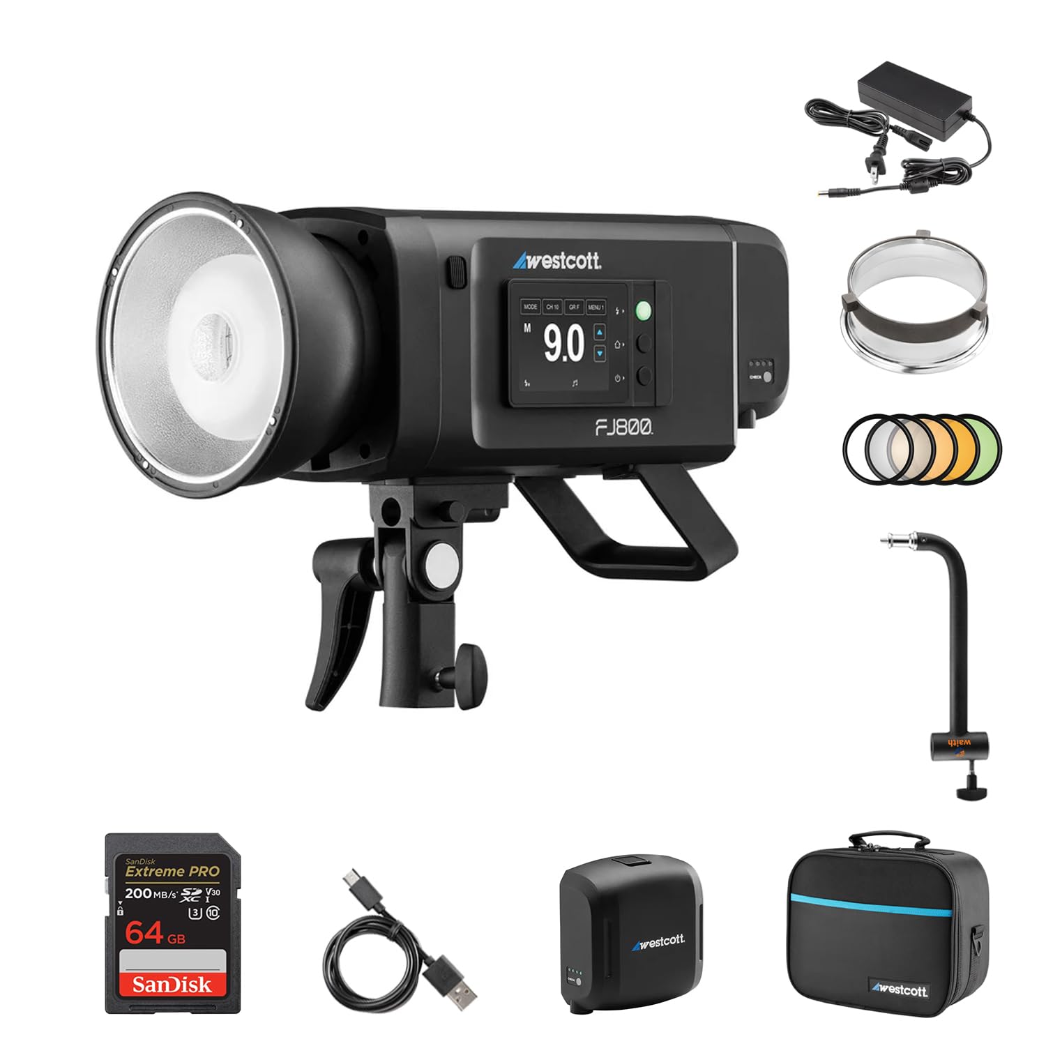 Westcott FJ800 Strobe AC/DC Battery 800Ws, Extension Arm & 64GB SD Bundle
