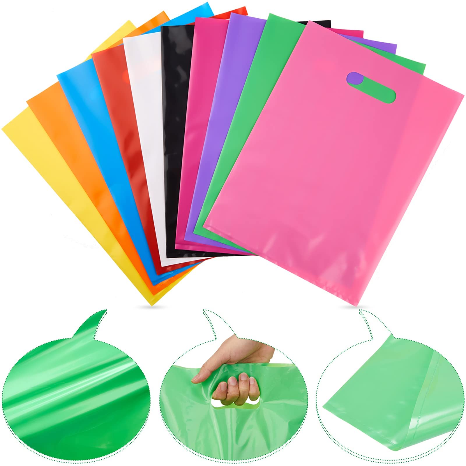 Party Favor Bags Colorful Plastic Present Bags Glossy Merchandise Bags Plastic Party Favor Bags with Handle in 10 Colors for Candy Birthday Treats Wedding Party Celebrations,9.8'' x 13.8'' 100 Pieces
