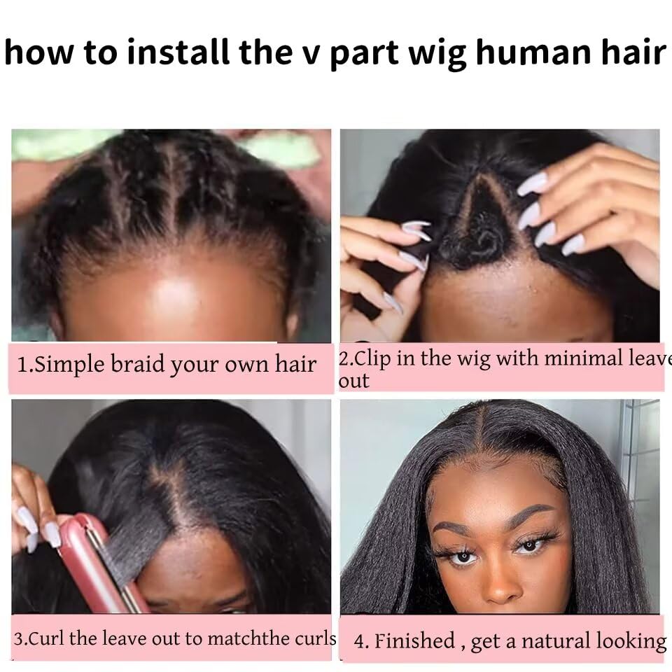 Image of V Part Wig Human Hair Kinky Straight 180% Density Upgrade U Part Human Hair Wig For Women No Leave Out No Glue Beginner Friendly Full Head Clip In Half Wigs Yaki V Shape Wigs 20 Inch Natural Color