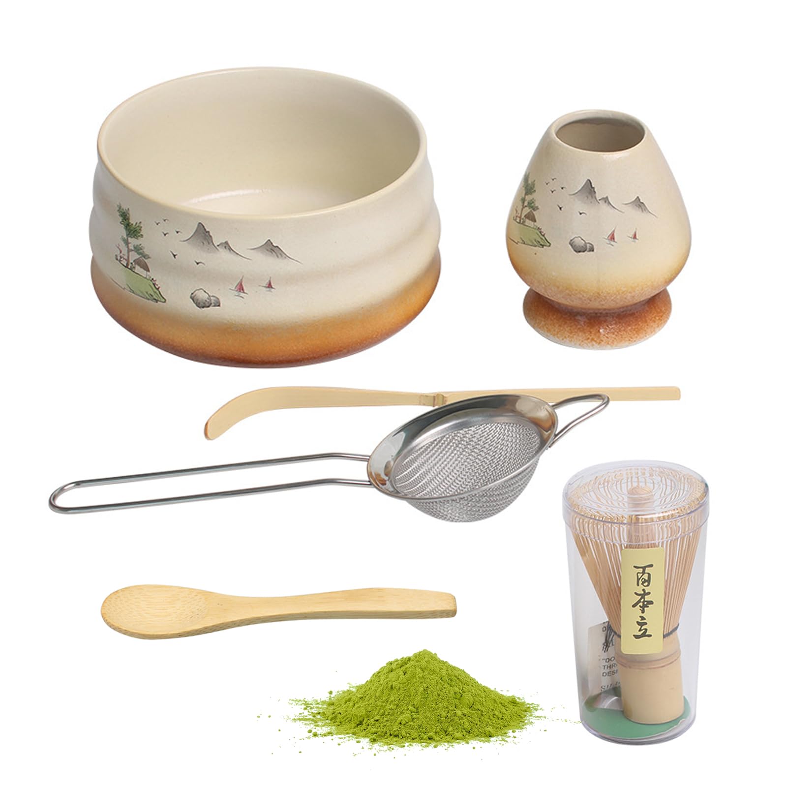 Bambusowa trzepaczka do herbaty, Chasen, do herbaty w proszku matcha, na japońską ceremonię herbaty, 5-częściowy zestaw, dostępna z włosiem miotły, bambus, 60-70 prongs, CX002